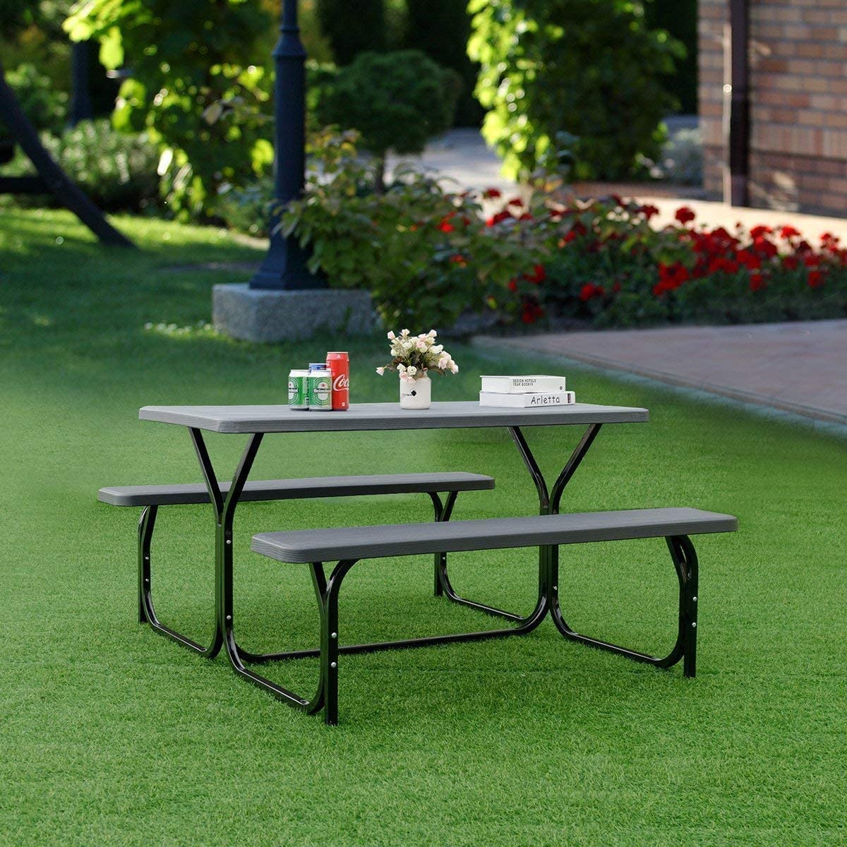 HappyGrill Outdoor Picnic Table Set with Steel Frame & Durable Plastic Table Top - Perfect for Garden, Backyard, Patio, and Camping Use