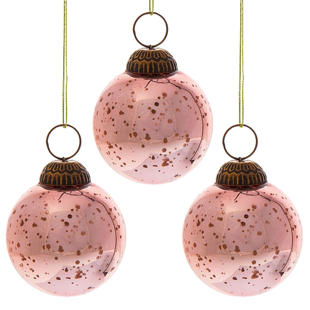 3 Pack Rose Gold Ava Mercury Glass Ball Ornaments - Elegant Christmas Tree Decorations for Holiday Home, Party & Wedding Decor (2.5 Inch)