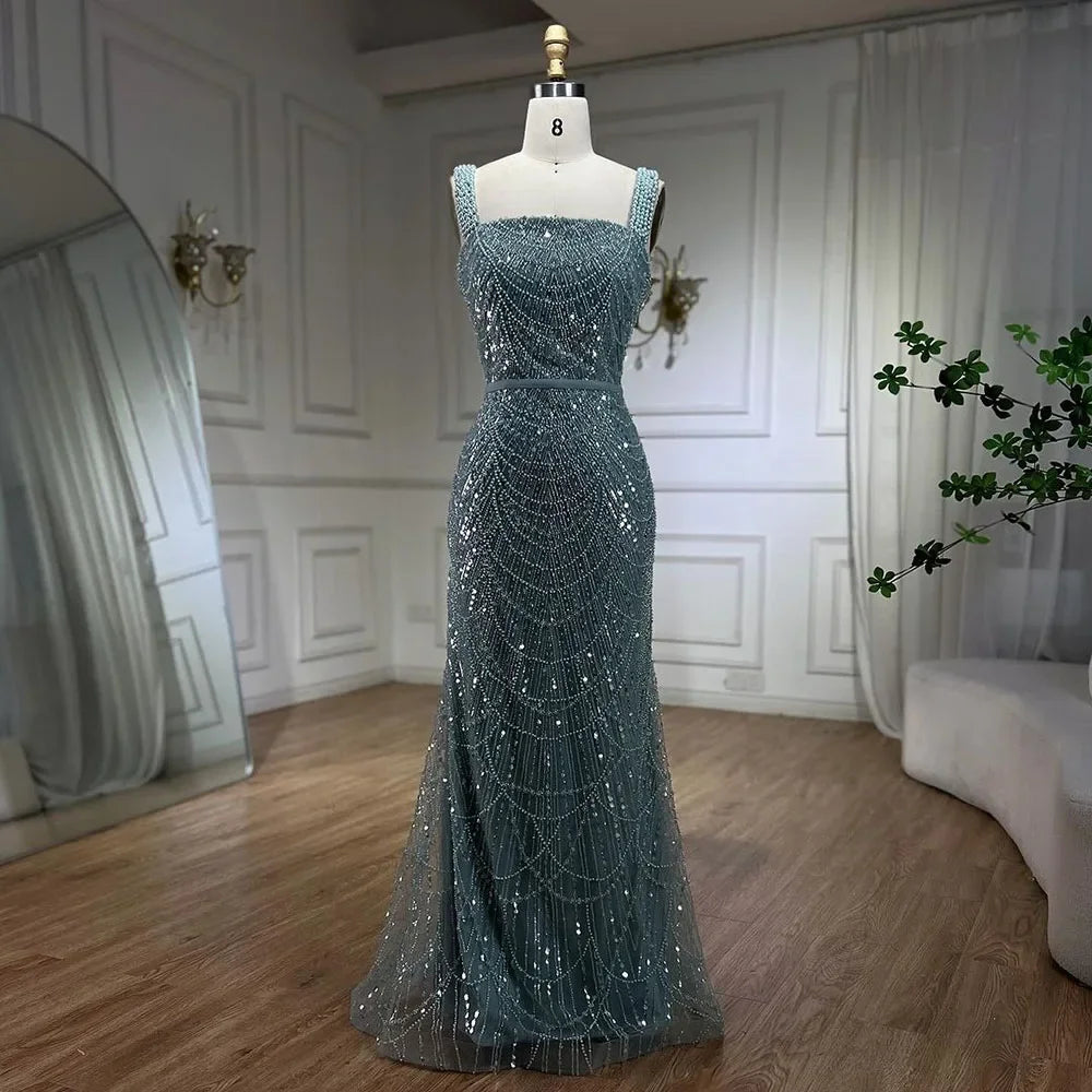 Serene Hill Turquoise Mermaid Beaded Pearls Spaghetti Strap Floor Length Evening Gown - Women's Formal Party Dress for Prom, Wedding, Gala & Special Occasions 2025 LA72032C