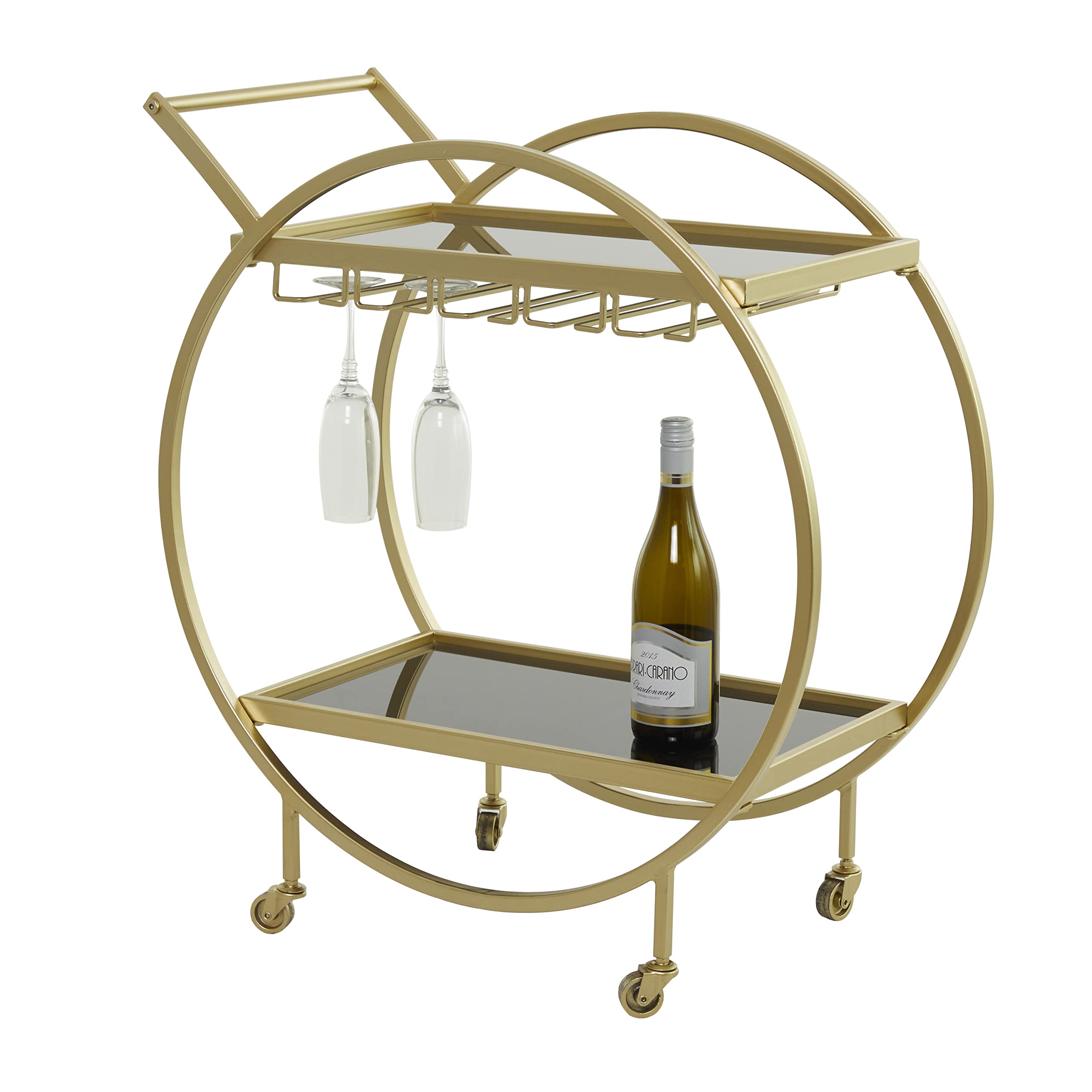 Deco 79 Gold Metal Rolling Bar Cart with 2 Mirrored Shelves, Wine Glass Storage & Handle - 28