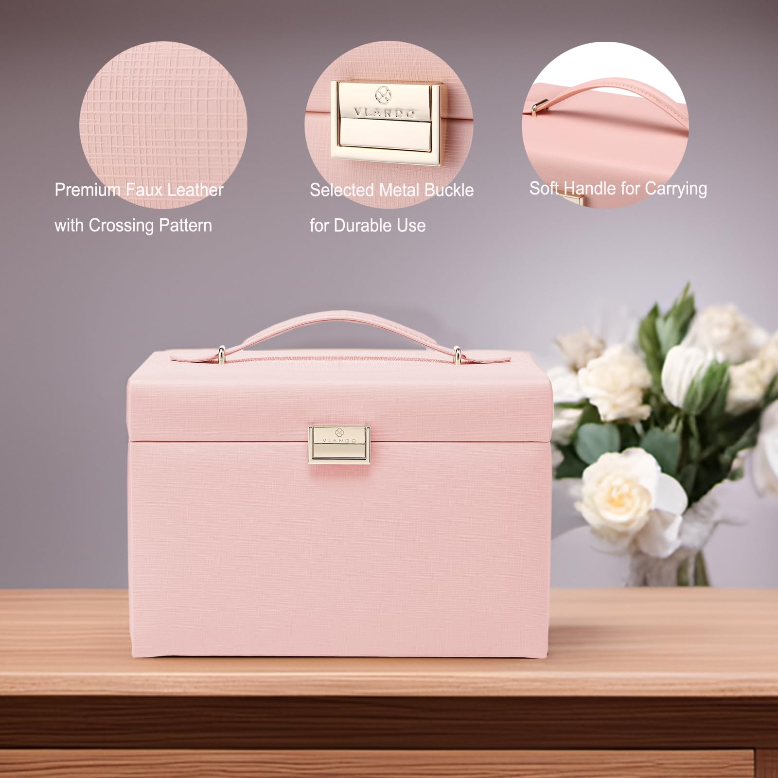 Vlando Leather Jewelry Box Organizer - Mirror Jewelry Storage Case for Necklaces, Earrings, Rings & Bracelets - Pink Jewelry Organizer for Dresser, Vanity & Travel | Perfect Gift for Women & Girls