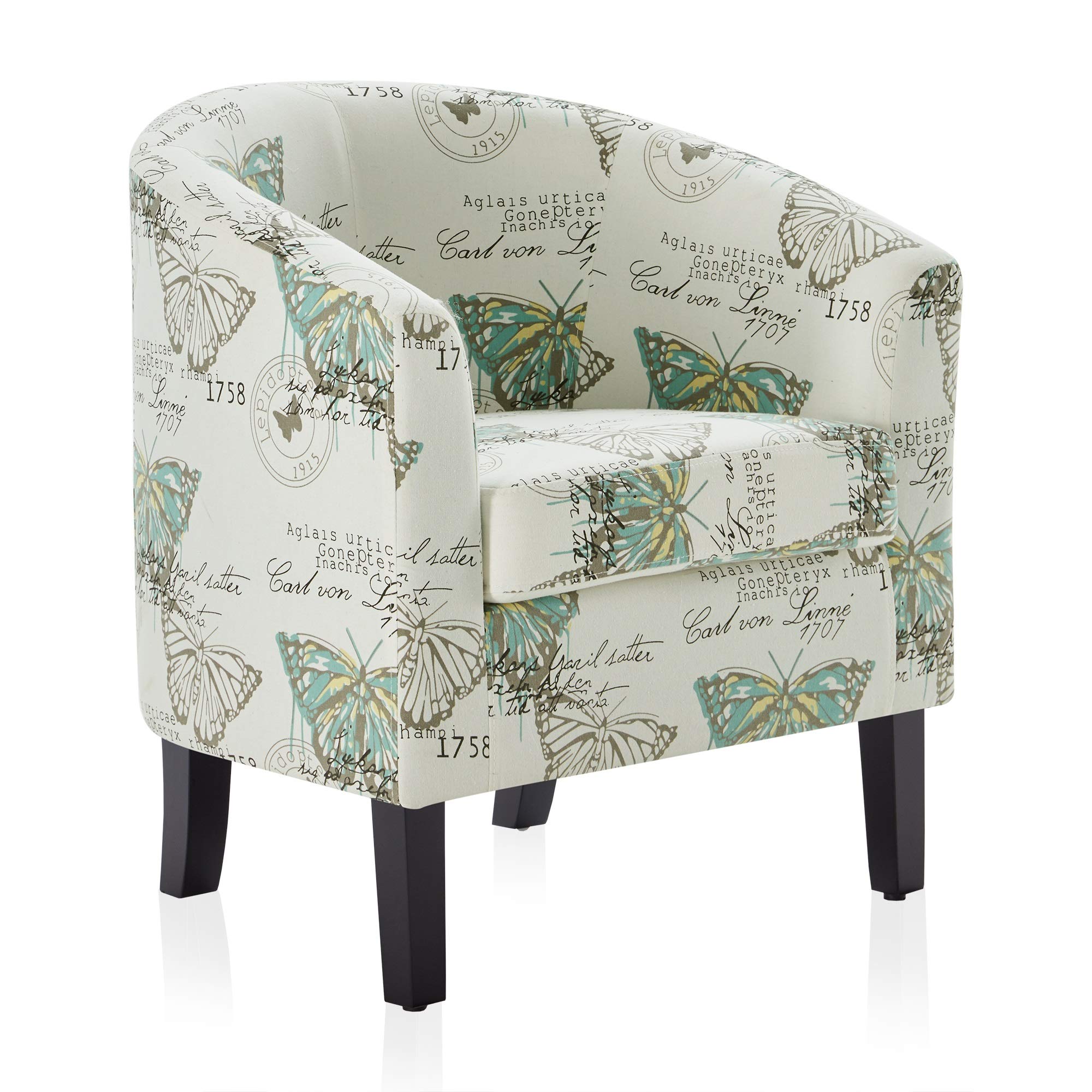 BELLEZE Modern Accent Chair - Round Barrel Club Tub Sofa Chair with Flared Legs & Plush Cushion, Linen Upholstered Living Room Chair for Bedroom or Corner (Butterfly Print) - Perfect for Reading Nooks, Cozy Corners & Small Space Decor