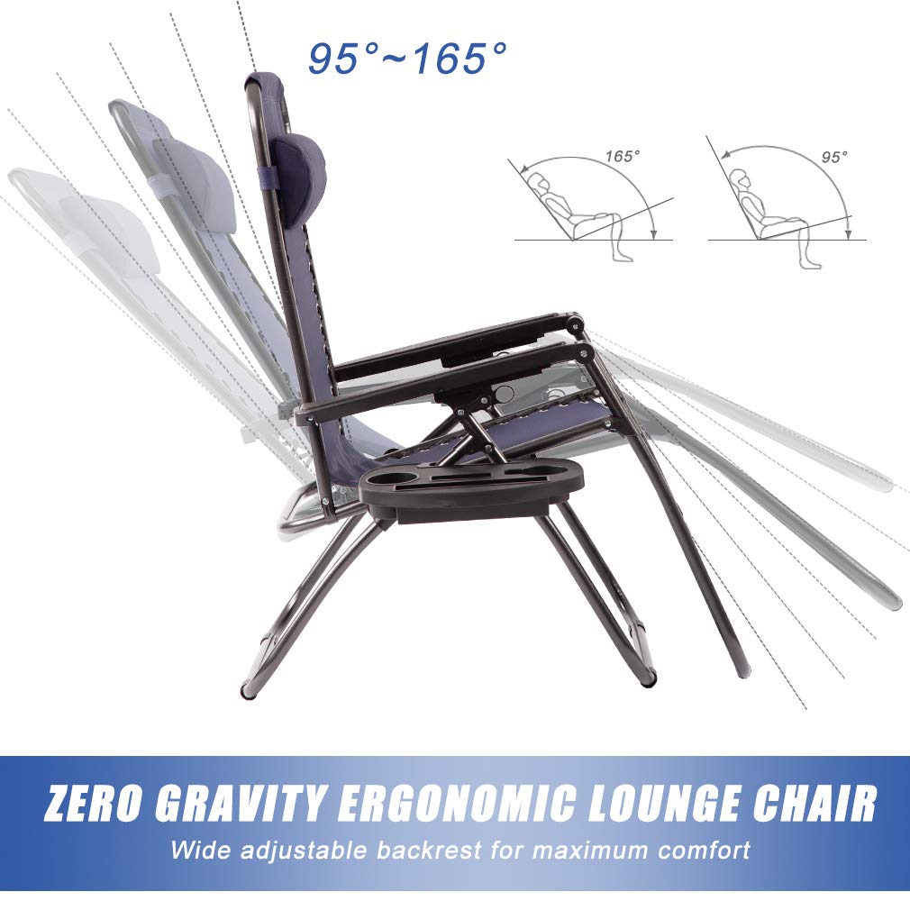2-Pack Zero Gravity Lounge Chairs with Pillow & Cup Holder - Adjustable Anti-Gravity Reclining Outdoor Patio Chairs for Garden, Poolside, Beach & Backyard Relaxation (Blue)