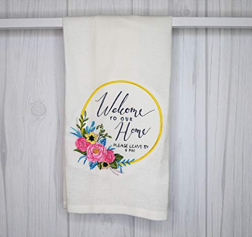 Embroidered Kitchen Towel Set - Welcome to Our Home Design - Absorbent Cotton Dish Towels for Drying & Decor - Perfect Housewarming Gift for New Homeowners (Please Leave by 9 PM) - Ideal for Kitchen, Dining Room & Hostess Gifts