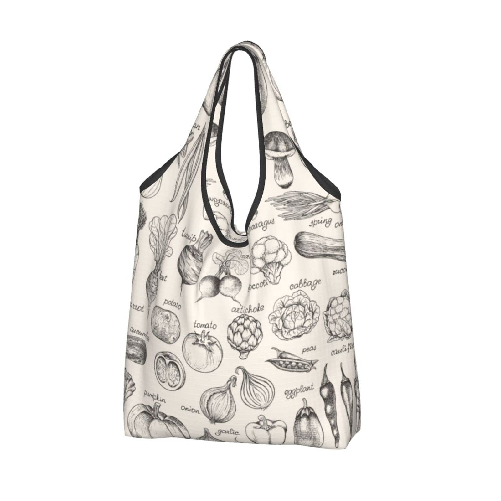 Vintage Hand-Painted Vegetable Print Reusable Shopping Bags - Waterproof Foldable Grocery Tote for Farmers Market, Grocery Store & Eco-Friendly Shopping