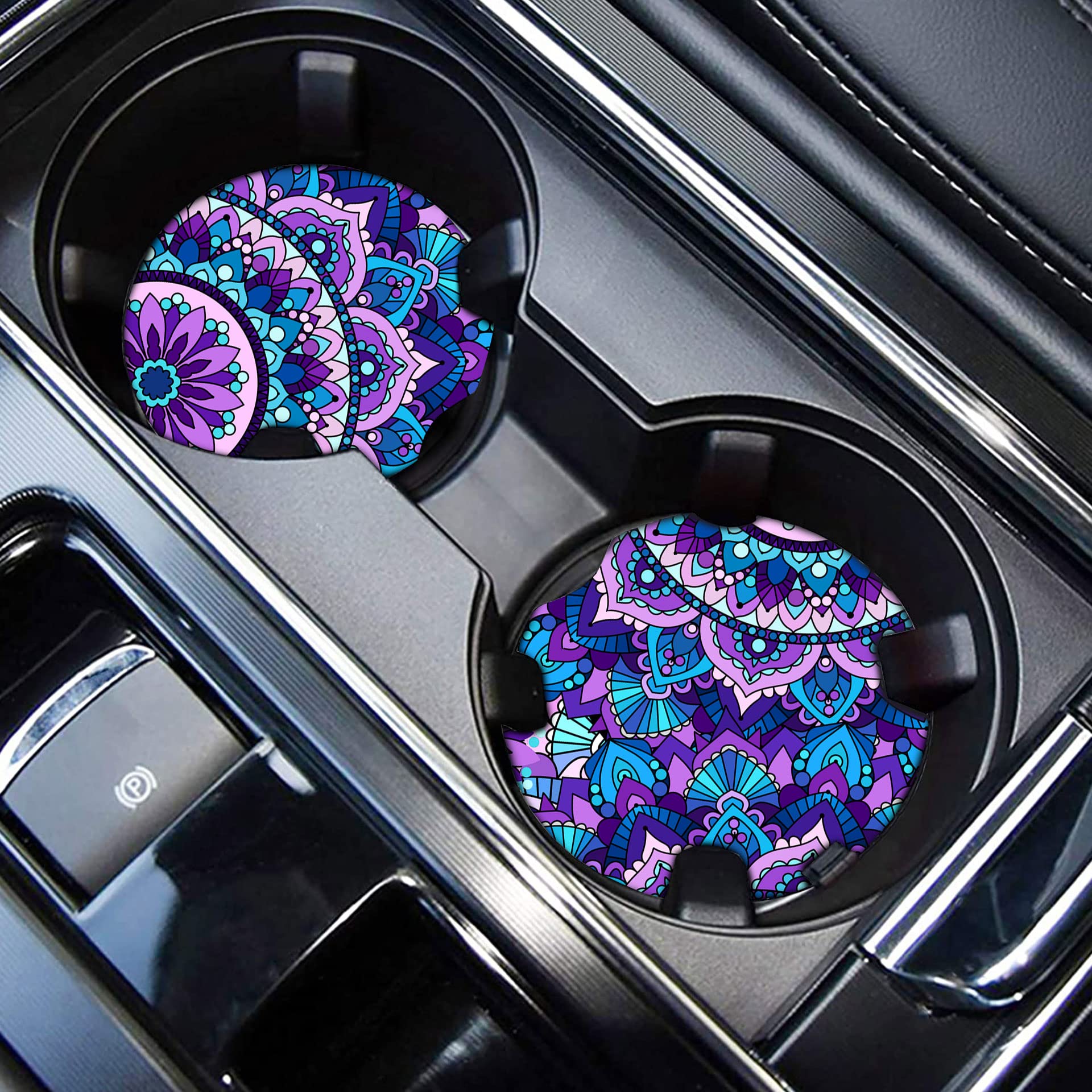 4-Piece Purple Lotus Mandala Steering Wheel Cover Set with 2 Non-Slip Cup Coasters & Keychain - Universal Fit 14-15.5 Inch - Stylish Car Accessories for Women, Boho Decor & Safe Driving