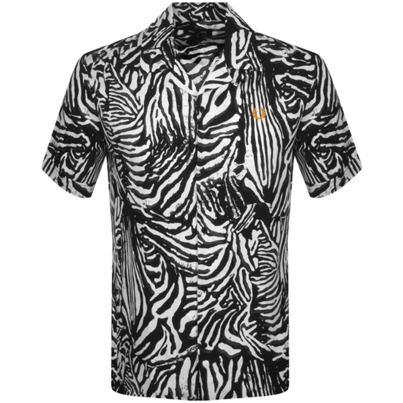Fred Perry Black Zebra Print Camp Collar Short Sleeve Shirt for Men - Casual Summer Wear, Beach Outfits & Street Style Fashion