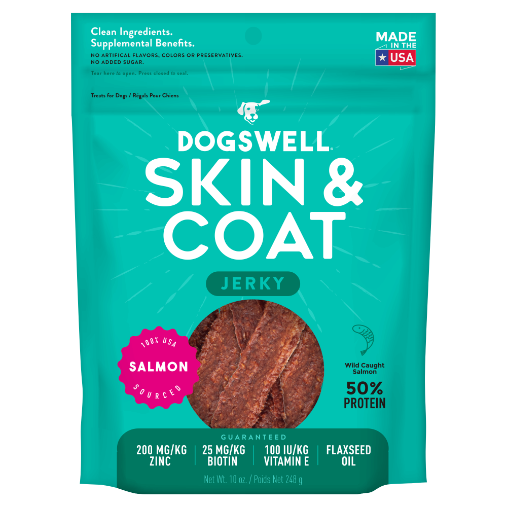 Premium Dogswell Skin & Coat Jerky Salmon Dog Treats - Healthy Snacks for Dogs with Omega-3 & Antioxidants - Perfect for Training, Rewards & Skin Care
