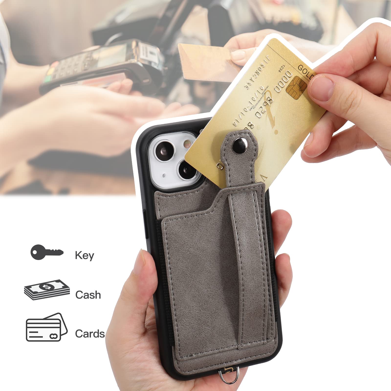 TOOVREN iPhone 13 Wallet Case with Card Holder & Phone Lanyard - PU Leather Protective Cover with Stand for iPhone 13 (6.1 Inch) - Slim Wallet Phone Case for Women & Men in Gray - Perfect for Travel, Shopping & Everyday Use