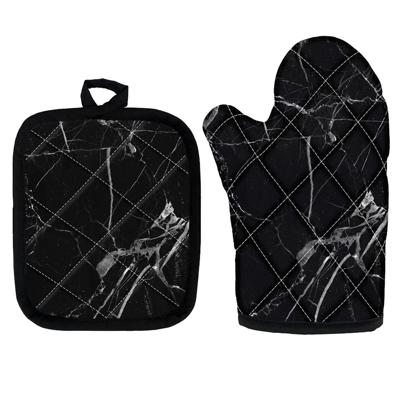 Babrukda 2-Piece Marble Texture Black Oven Mitts Set - Heat Resistant, Non-Slip Grip, Washable Kitchen Pot Holders for Baking, Cooking & Microwave Use - Durable Oven Gloves for Hot Pans & Grilling