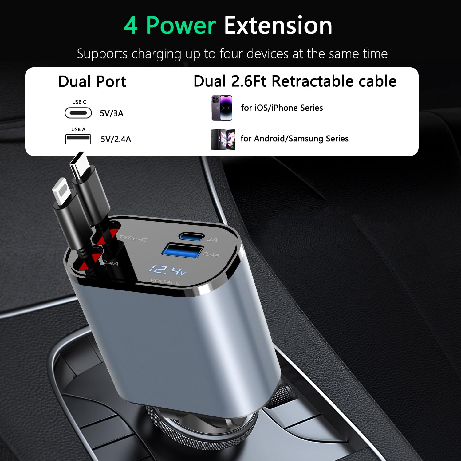 Paiholy 100W 4-in-1 Retractable Car Charger with Dual USB-C & USB-A Ports, Voltage Display & Built-in Cables - Fast Charging Compatible with iPhone 16/15/14/13/12, Samsung Galaxy S24/S23, Google Pixel - Perfect for Road Trips, Commuting & Multi-Device Charging On-The-Go