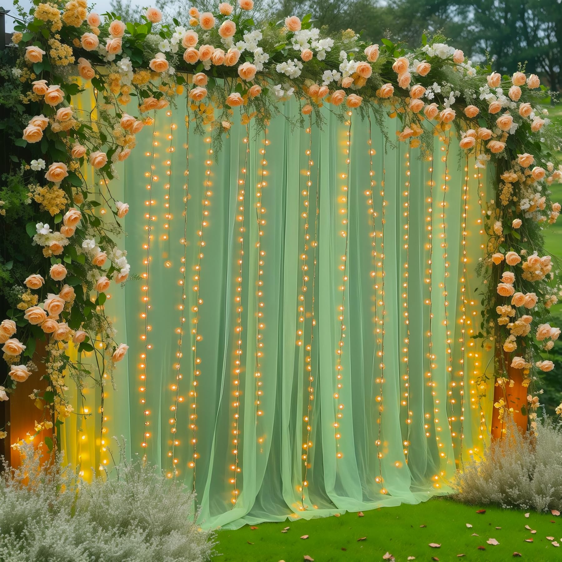 10×10ft Green Tulle Backdrop Curtain with Fairy Lights - Sheer Wedding Party Decor, Photo Booth Background, Birthday Celebration Drapes for Home & Event Decorations