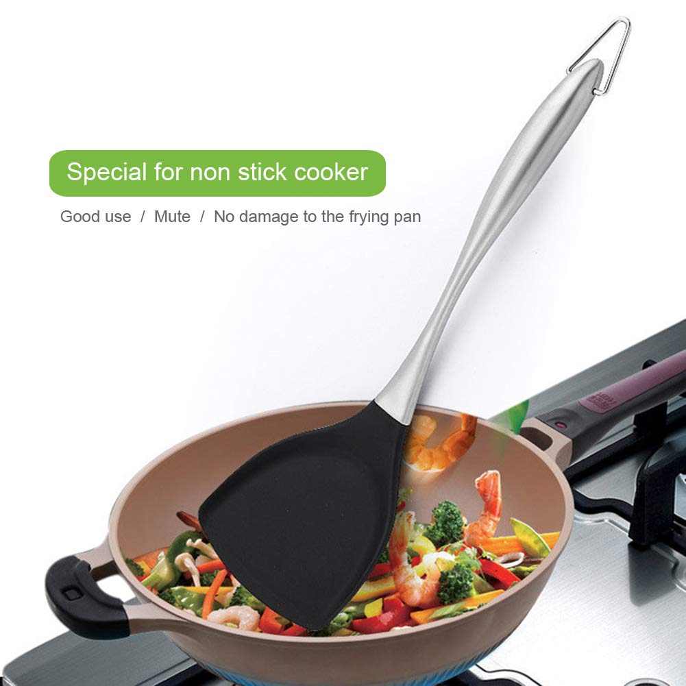Honglida Premium BPA-Free Silicone Wok Turner - 600°F Heat Resistant Spatula with Stainless Steel Handle (14.2 Inch, Black) - Ideal for Non-Stick Cookware, Stir-Frying, Flipping Pancakes & Sauteing