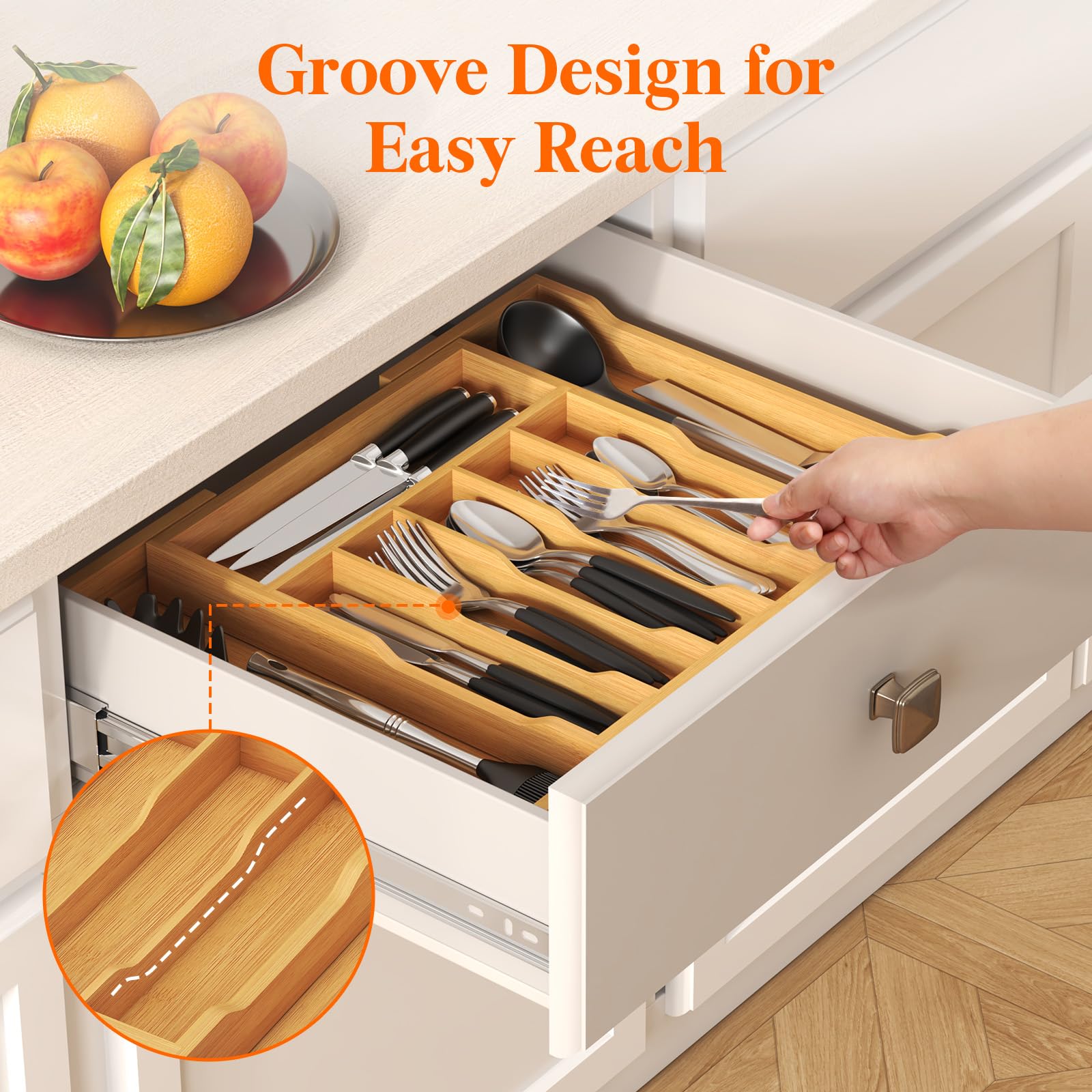 Expandable Bamboo Silverware Drawer Organizer - Adjustable Utensil Tray for Spoons, Forks & Knives - Natural Wood Kitchen Storage for Flatware & Cutlery | Perfect for Kitchen Organization, Dining Room Storage & Utensil Management