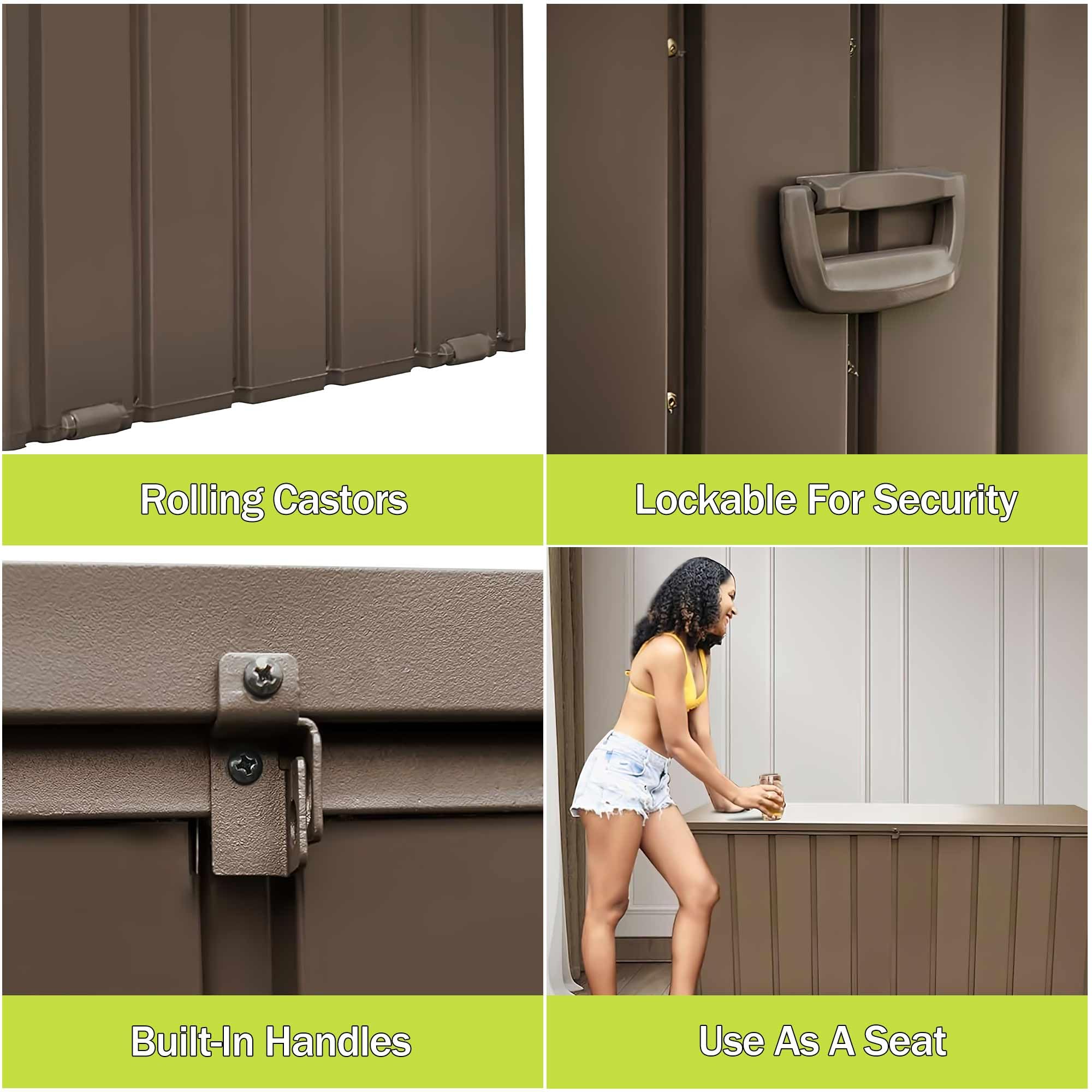WIIS' IDEA 150 Gallon Outdoor Storage Deck Box with Lockable Lid & Wheels - Waterproof Large Patio Furniture Storage Container for Garden Tools, Pool Supplies, Cushions & Outdoor Equipment (Brown) - Perfect for Backyard, Deck, Poolside & Garage Organization