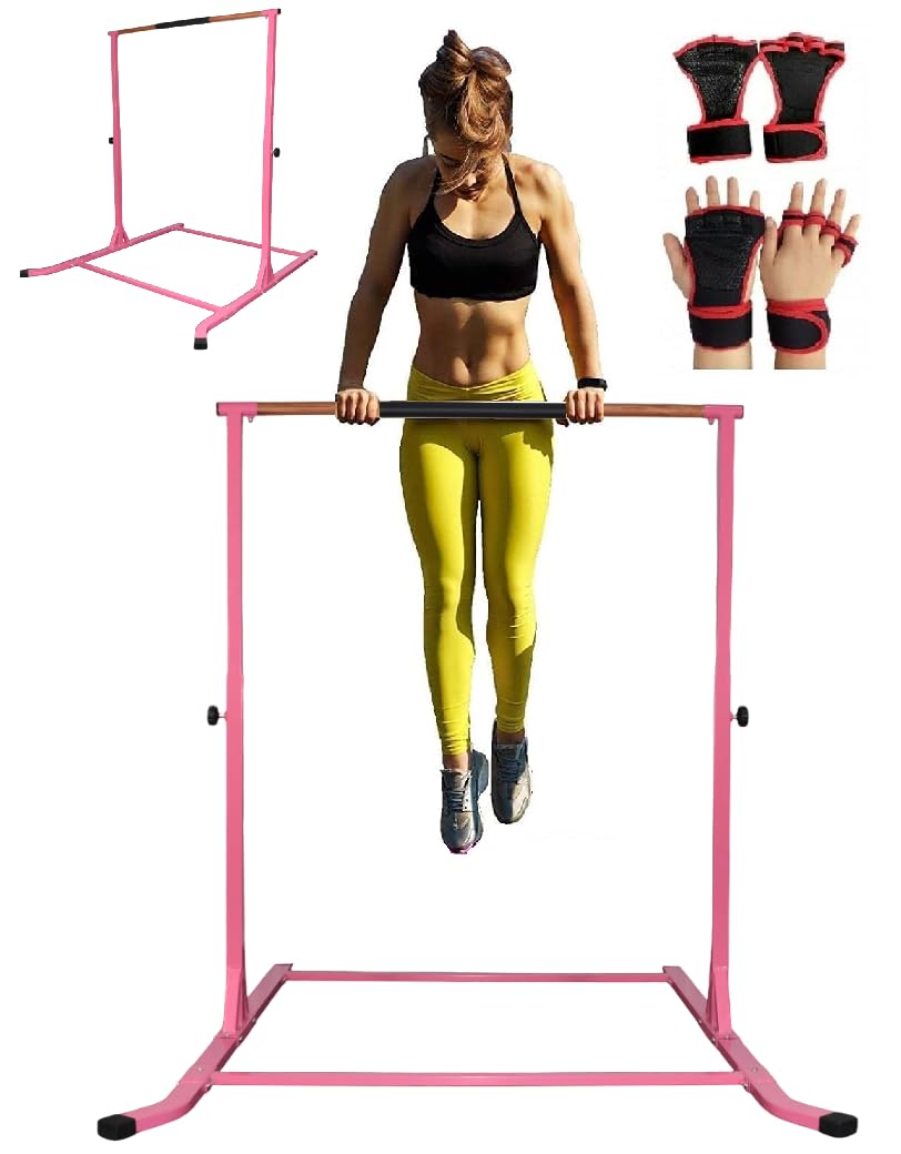 GymPros 5 FT Adjustable Height Gymnastics Bar for Kids - Premium Junior Training Horizontal Kip Bar for Home Gym, Pull Up Exercise & Fitness - Includes Free Gymnastics Gloves (Perfect for Indoor/Outdoor Training & Backyard Play)