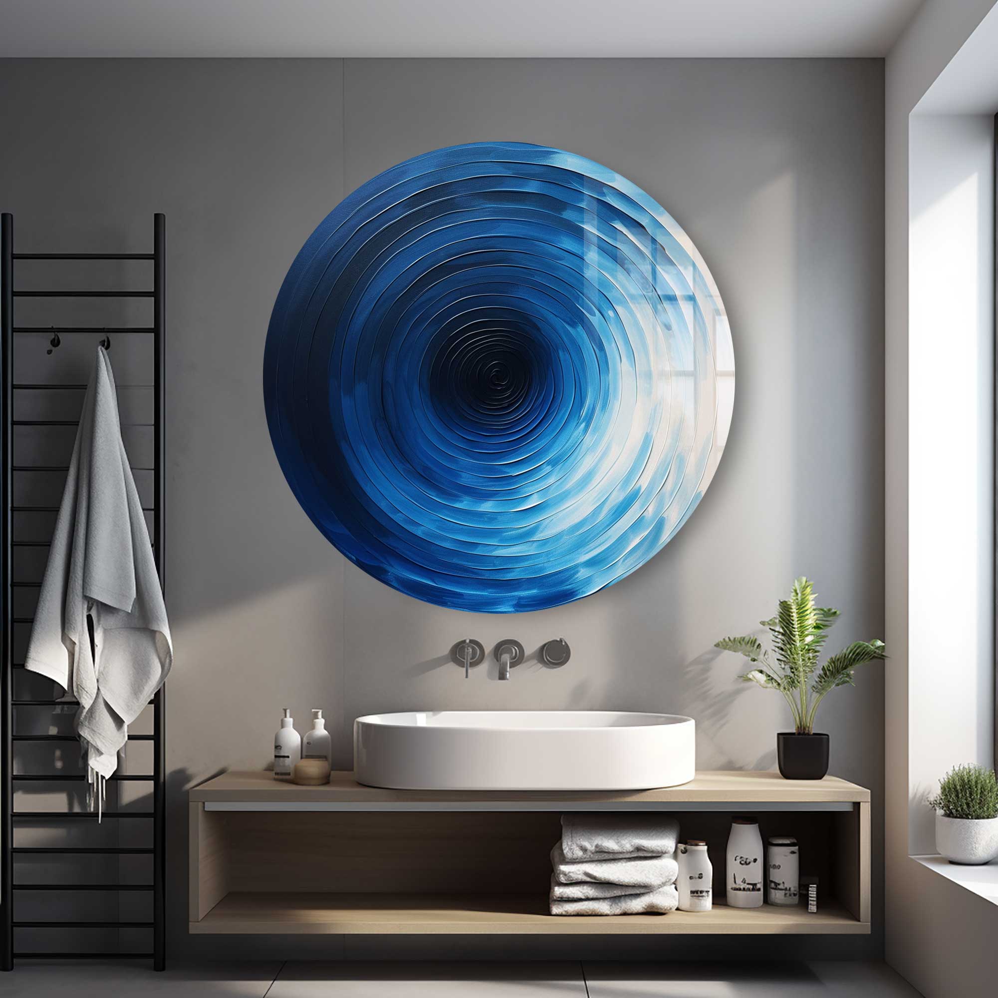 Fifty Shades of Blue Rounded Glass Wall Art - Modern Abstract Home Decor for Living Room, Bedroom & Office