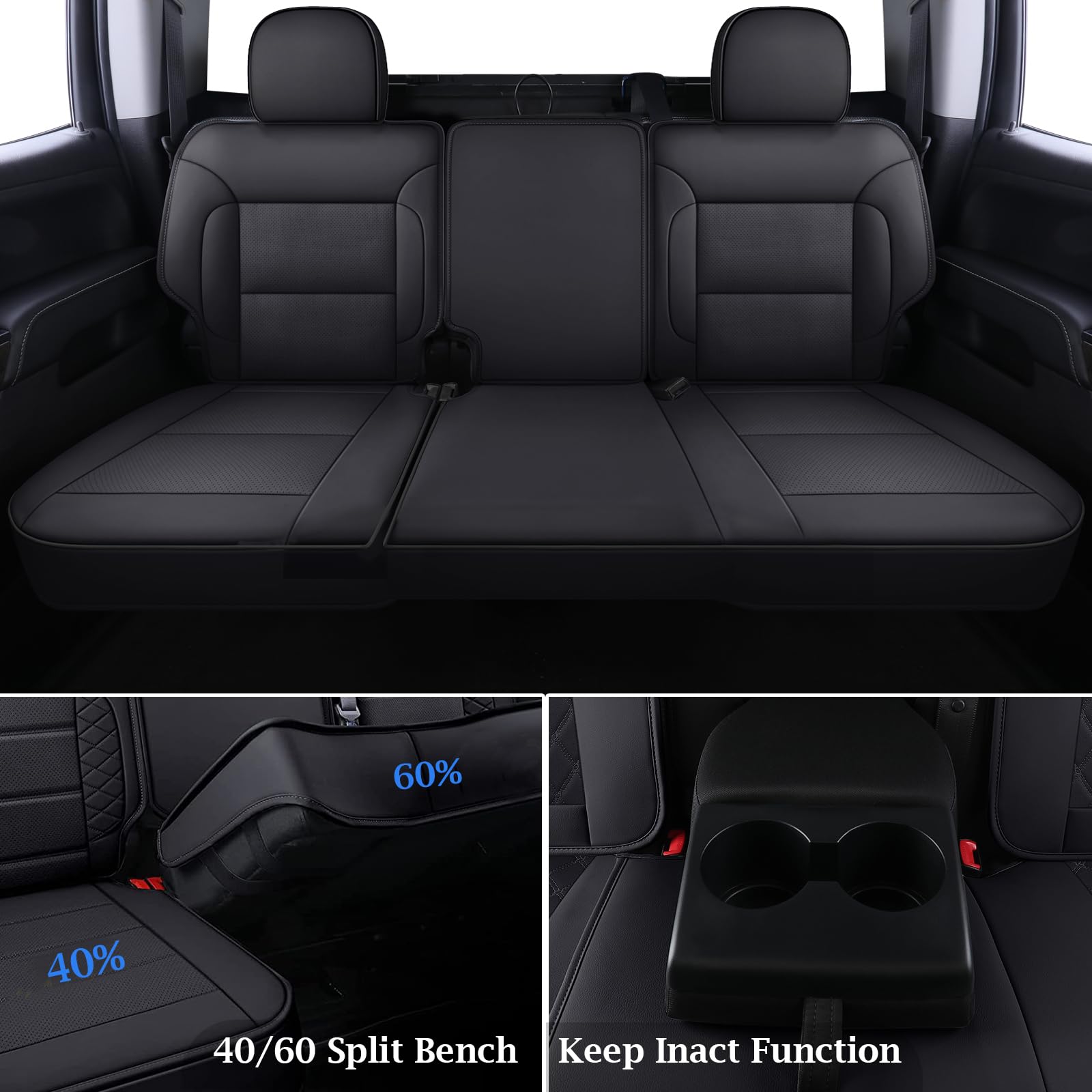 Premium Faux Leather Seat Covers for Chevy Silverado & GMC Sierra (2007-2025) - Full Set Custom Fit for 1500/2500HD/3500HD Crew & Extended Cab - Durable Black Car Seat Protectors for Daily Commute & Road Trips