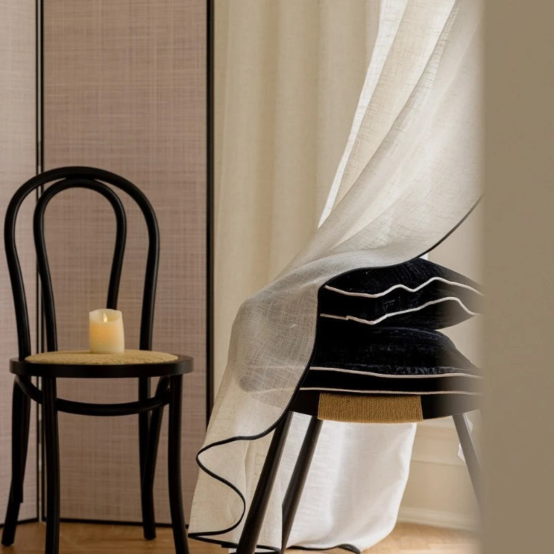 Kalani Linen Semi-Sheer Custom Curtains with Black Trim - Elegant Window Treatments for Living Room, Bedroom & Dining Room