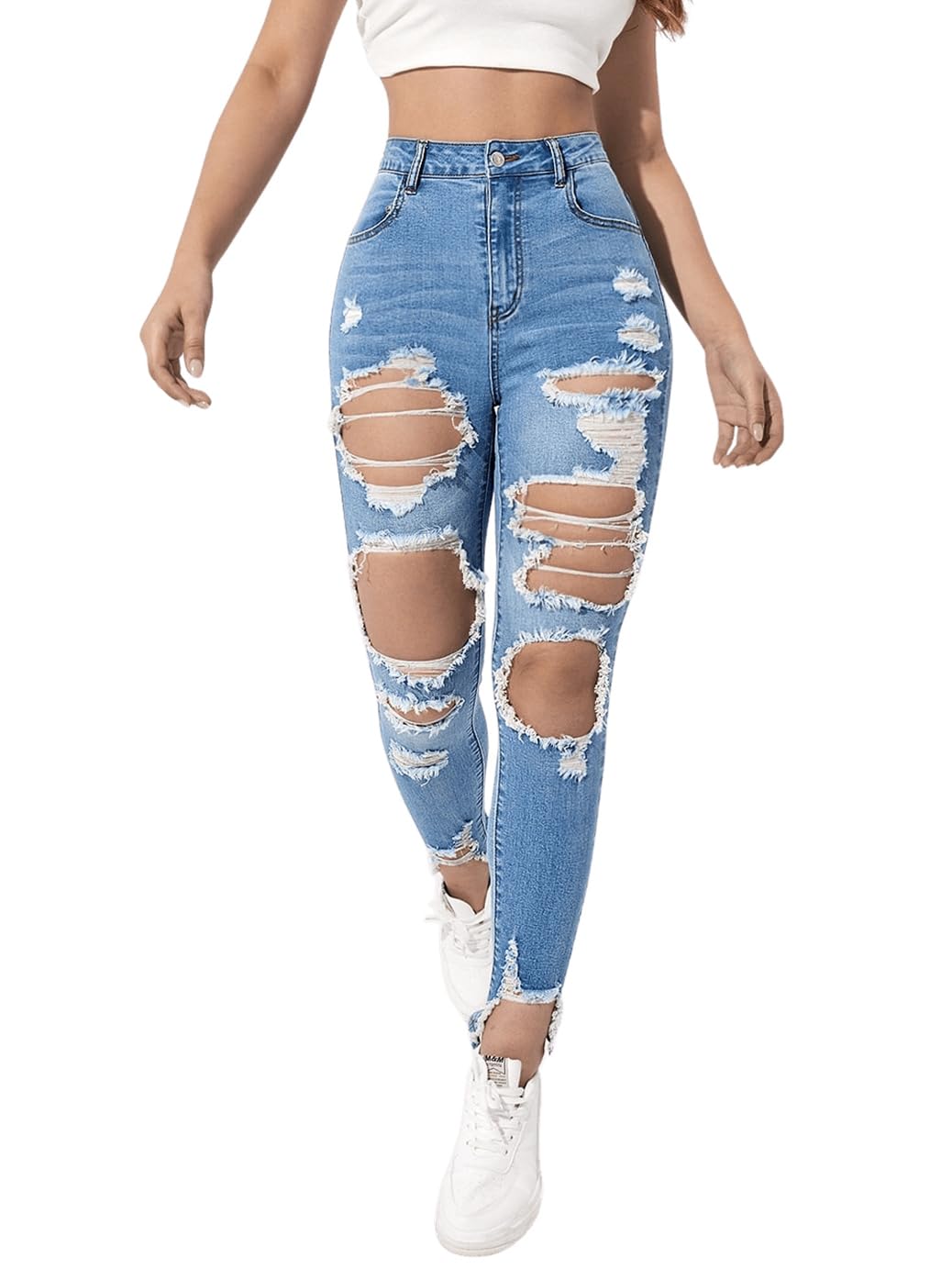 WDIRARA Women's High Waisted Ripped Raw Hem Skinny Jeans - Distressed Denim Pants with Cut Out Details | Perfect for Casual Outfits, Street Style & Everyday Wear