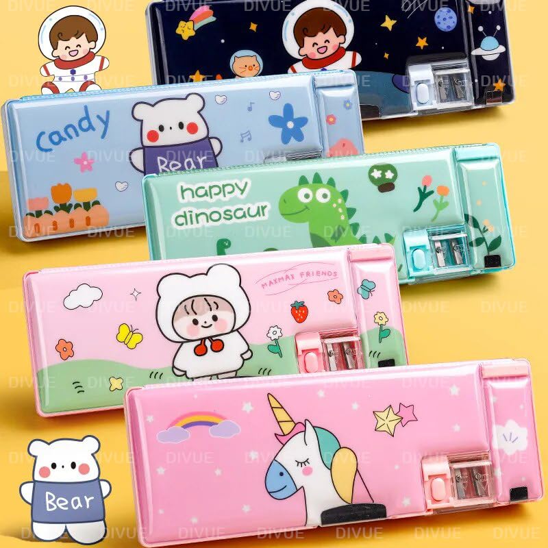 Multifunctional Kids Pencil Case with Press Buttons - 2 Compartments Cartoon Design School Supplies for Boys & Girls (Blue) - Perfect for Classroom, Homework & Office Organization