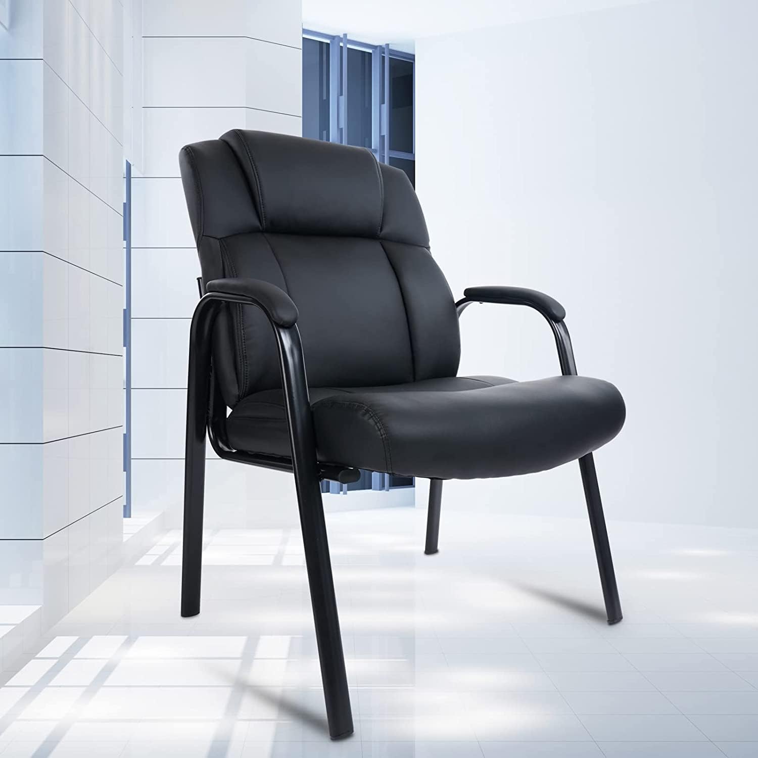 CLATINA 500 LBS Capacity Big & Tall Heavy Duty Guest Chair - Wide Leather Reception Chair with Padded Armrests, No Wheels - Executive Office Desk Chair for Conference, Meeting, Waiting Room & Home Use - Perfect for Corporate Offices, Reception Areas and Home Offices - Black