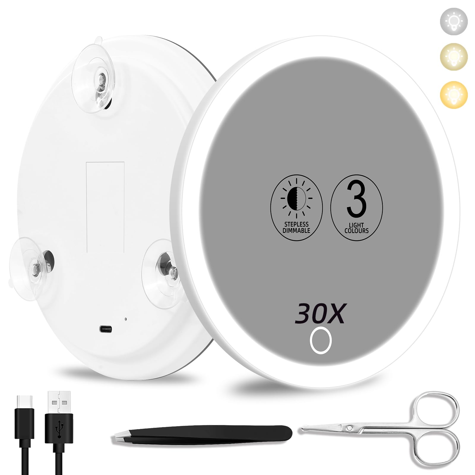 30x Magnifying Mirror with Light - 3 Modes, Rechargeable for Travel & Makeup