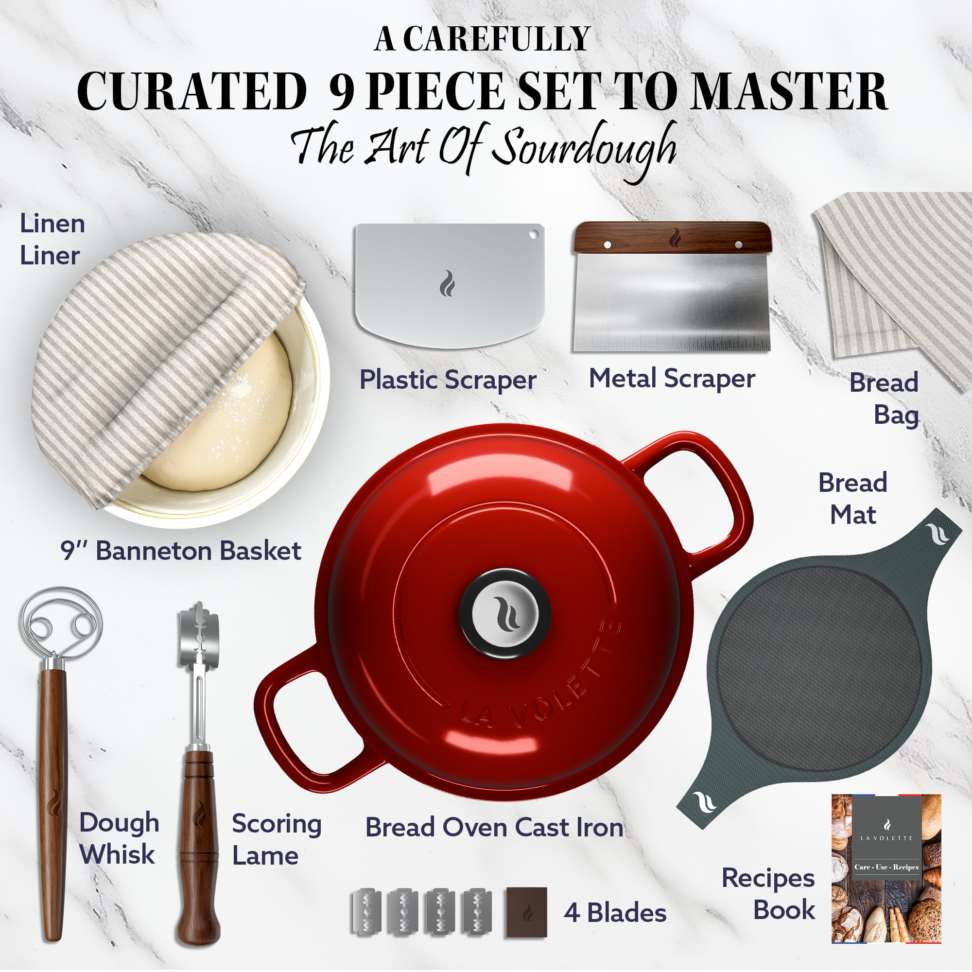 9-Piece Enameled Cast Iron Bread Baking Set with Lid – 10 Inch Dutch Oven, Silicone Mat & Banneton | 6 Quart Red Enameled Bread Pan | Perfect for Artisan Sourdough, No-Knead & Homemade Bread Baking
