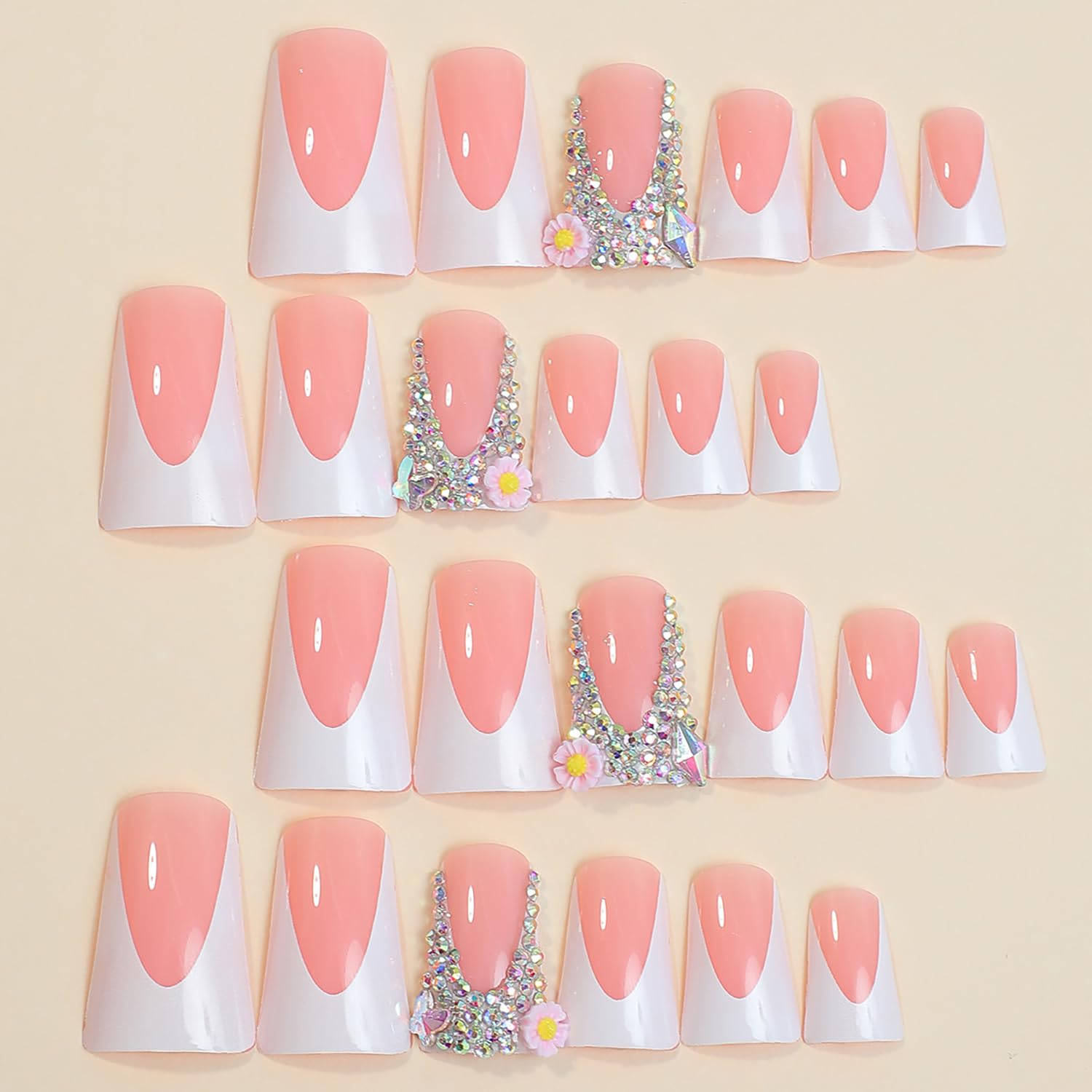 24 Pcs Duck Nails Press On - White French Tips with Rhinestones & Floral Designs - Reusable Gel False Nails Kit for Manicure - Perfect for Parties, Weddings, and Special Occasions