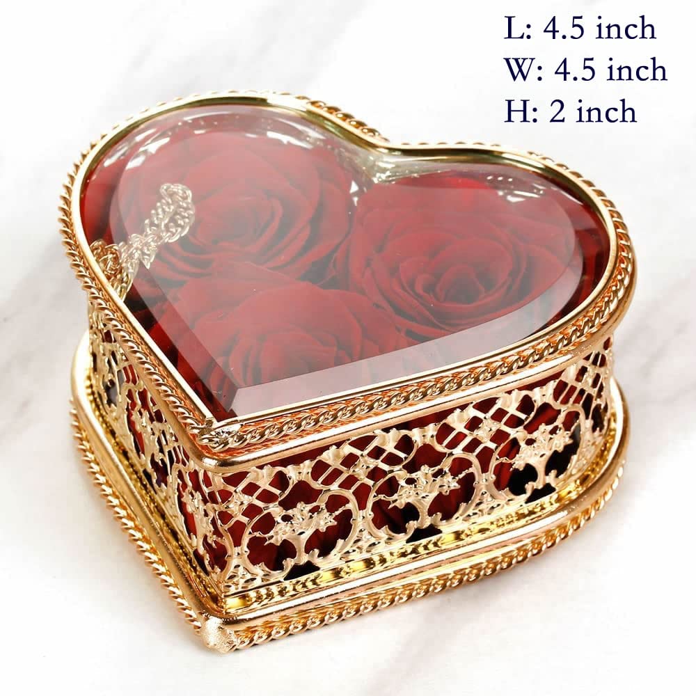 Enchanted Real Preserved Roses in Heart Shaped Glass Box - Long Lasting Eternal Flowers for Valentine's Day, Mother's Day, Anniversary Gifts - Luxury Elegant Metal & Glass Display Case - Perfect for Romantic Surprises, Wedding Decor, and Home Decoration