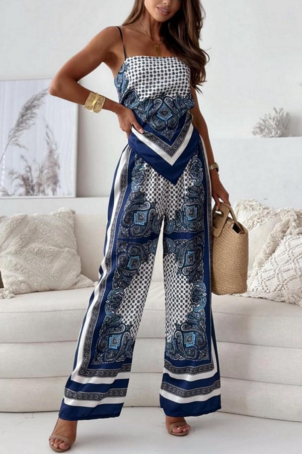 Fashionable Printed Sling Backless Strappy Top with Elastic Waist Loose Pants Set - Women's Casual Outfit for Summer Beach, Vacation and Streetwear