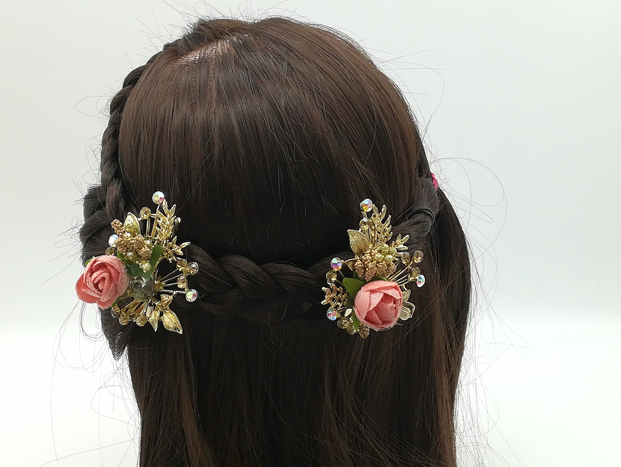 Kanthan Rose Floral Stone Hair Clips for Women & Girls - Peach Blossom Hair Barrettes, Hair Ties & Hair Pins - Perfect for Weddings, Parties & Everyday Styling