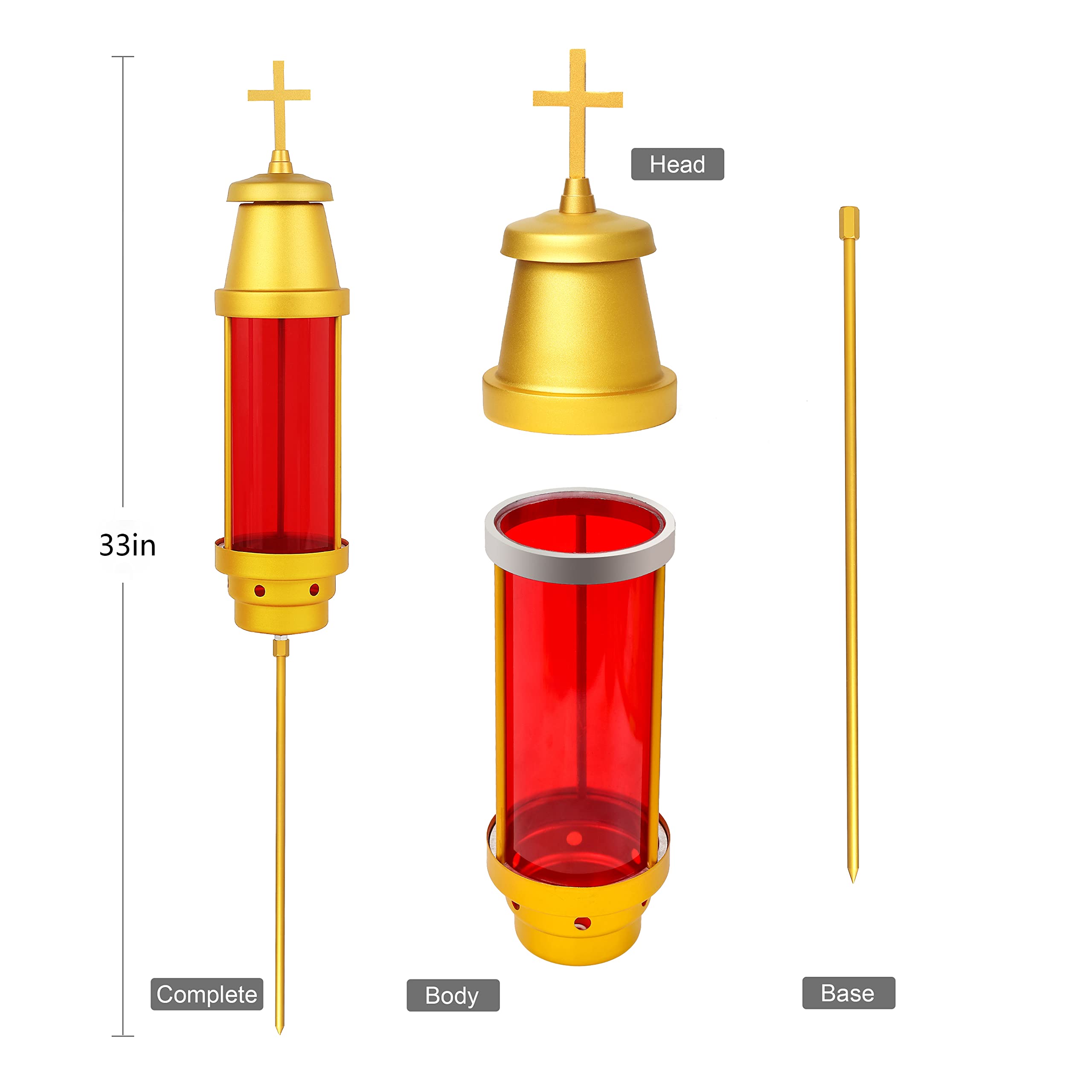 Eternal Memorial Light - Anodized Aluminum Grave Lantern with Crosses, Cemetery Candle Holder for Graveside Decorations (Red, Candle Not Included) - Perfect for Memorial Day, All Souls' Day & Grave Site Visits