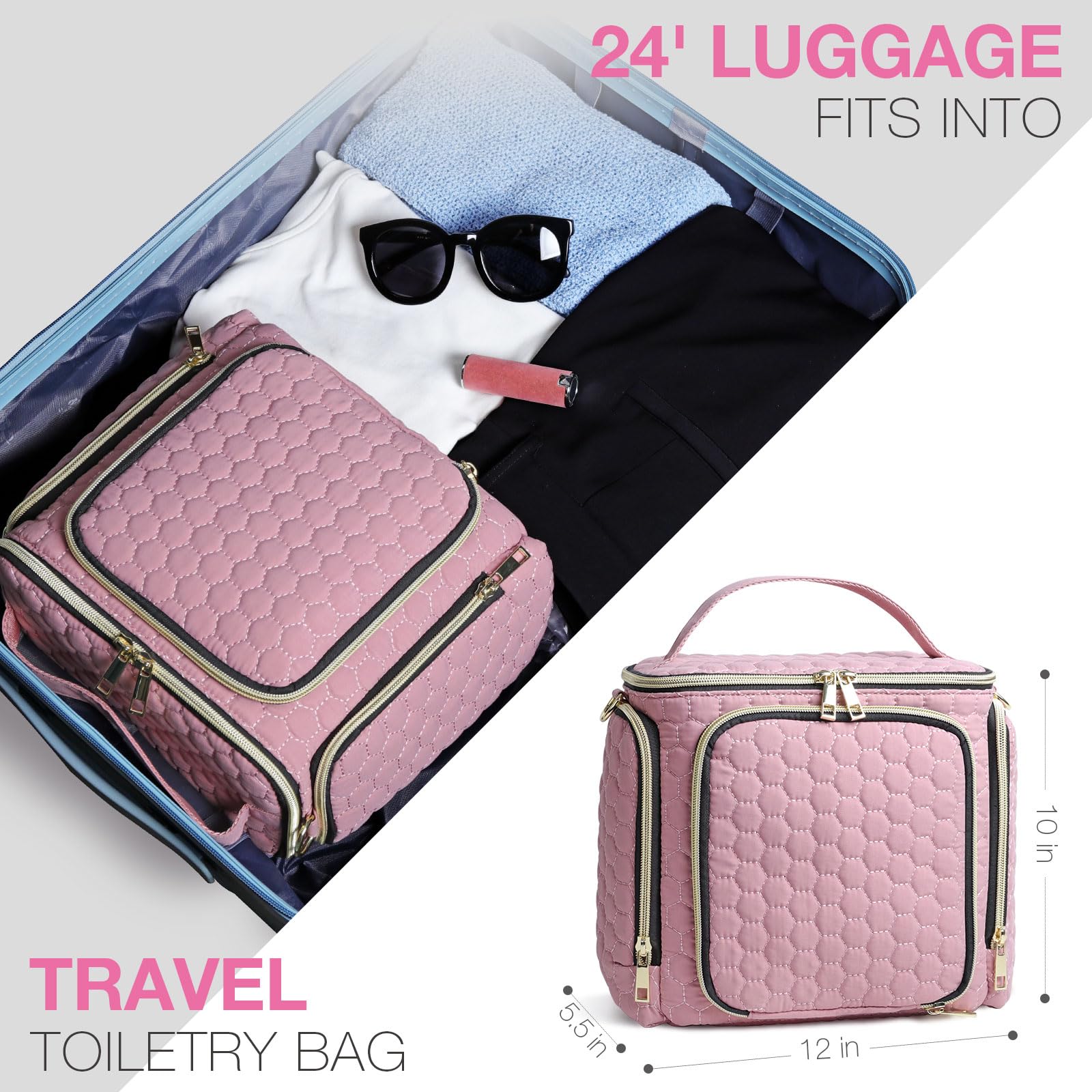Stylish Large Capacity Travel Toiletry Bag for Women - Waterproof Makeup Organizer with Wide Opening, Full-Sized Cosmetic Storage | Perfect for Vacation, Gym & Business Trips