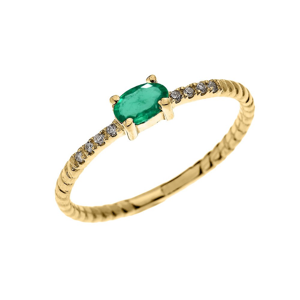 14K Yellow Gold Diamond & Solitaire Oval Emerald Rope Stackable Ring for Women - Elegant Proposal, Engagement & Wedding Jewelry Gift for Her - Perfect for Anniversaries, Valentine's Day & Special Occasions
