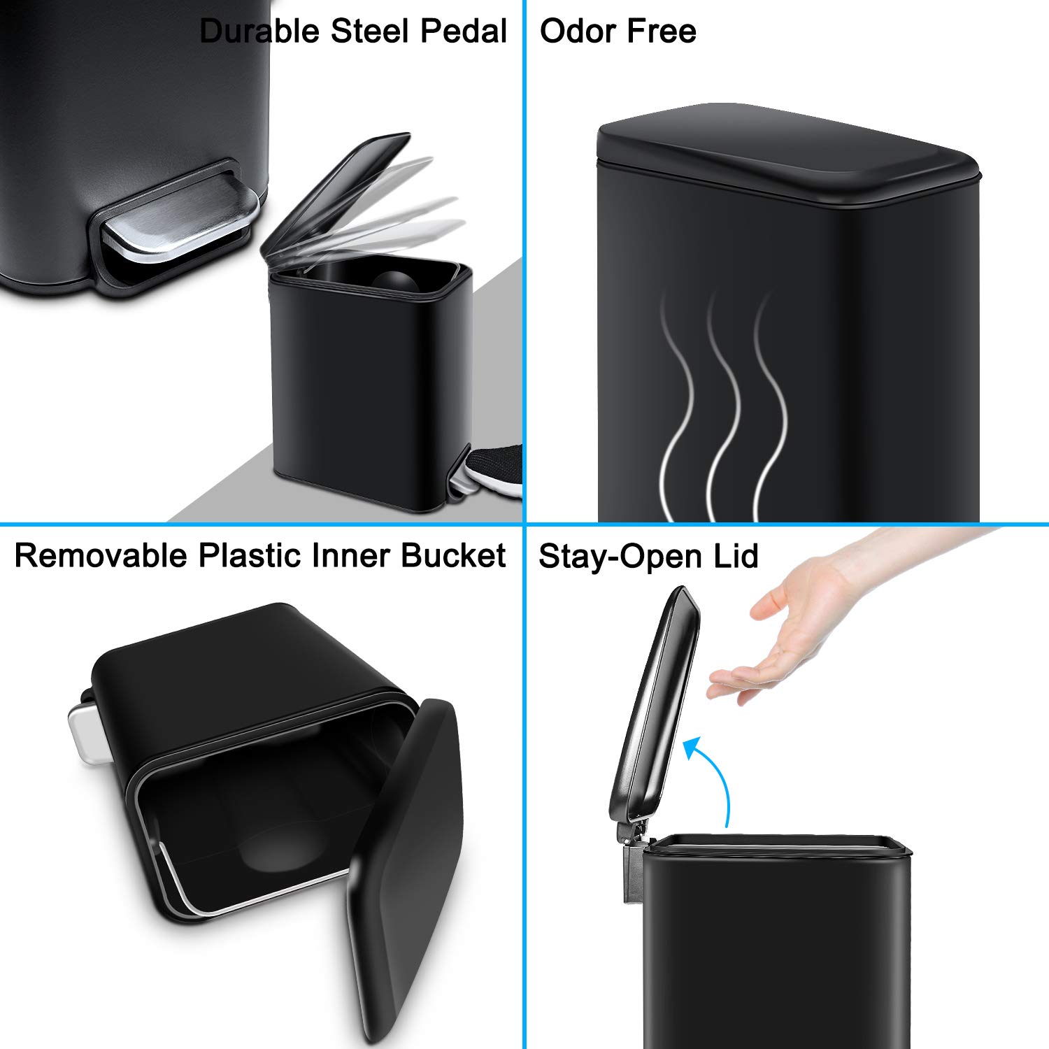 Compact 5L/1.3Gal Rectangular Bathroom Trash Can with Soft Close Lid & Foot Pedal - Slim Black Waste Bin for Bathroom, Bedroom, Office - Removable Inner Basket for Easy Cleaning - Perfect for Small Spaces & Modern Decor