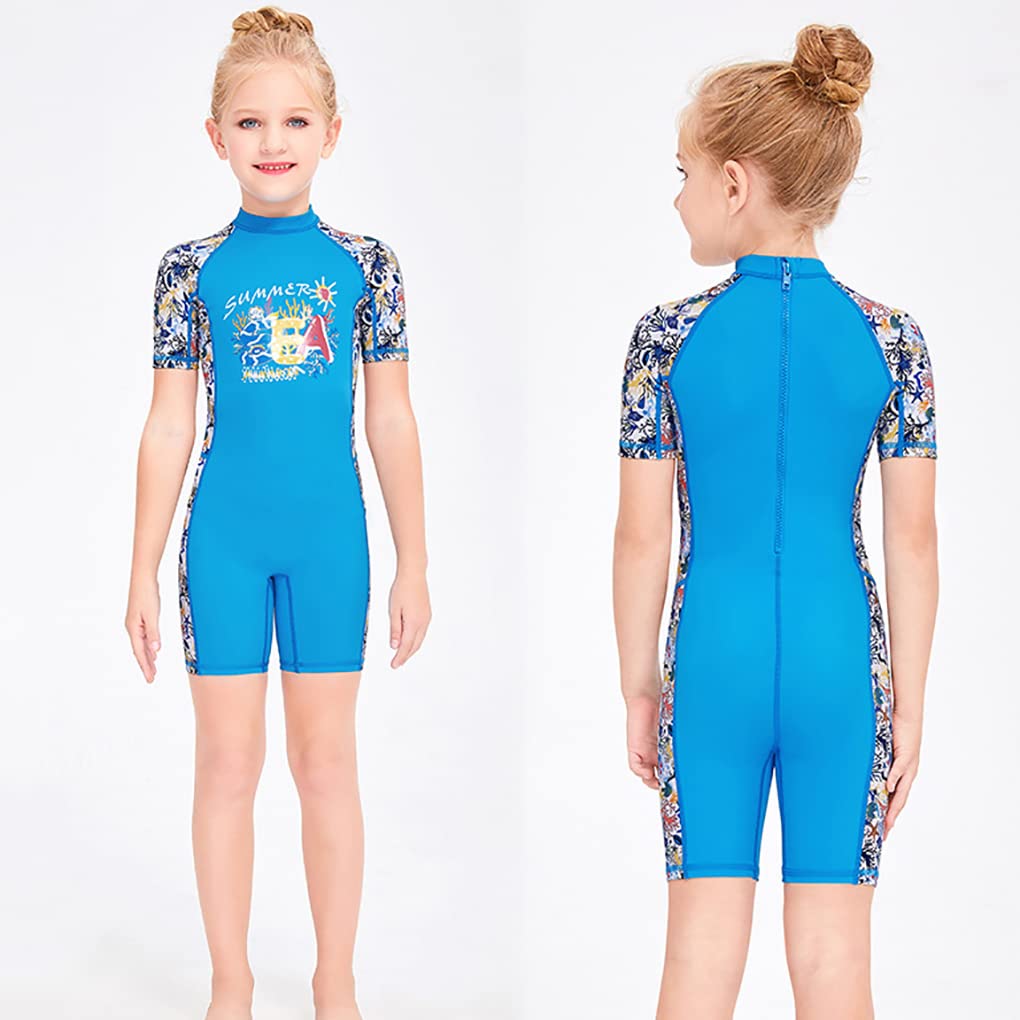 UV Protection Kids Short Sleeve Wetsuit for Girls - Blue Round Neck Diving Swimsuit, Size M - Perfect for Swimming, Snorkeling & Beach Activities