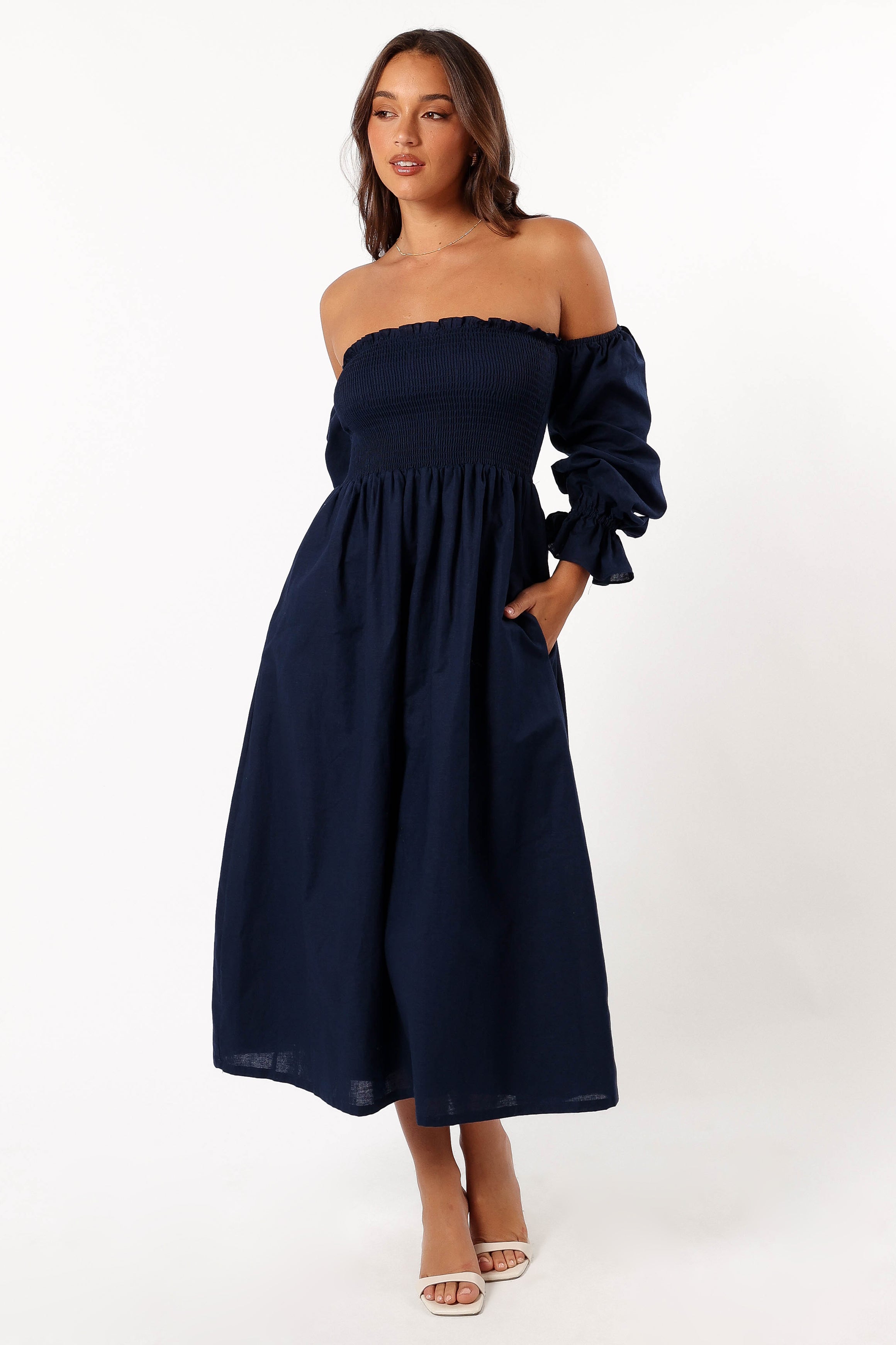 Domenica Shirred Long Sleeve Dress for Women - Navy Blue Flowy Midi Dress with Elastic Waist | Perfect for Casual Wear, Office Outfits & Special Occasions
