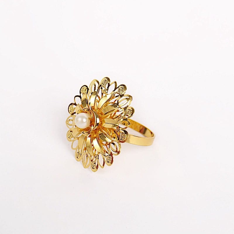 4 Elegant Gold Metal Daffodil Flower Napkin Rings with Pearl Accents - Perfect for Wedding, Party, and Holiday Table Decor
