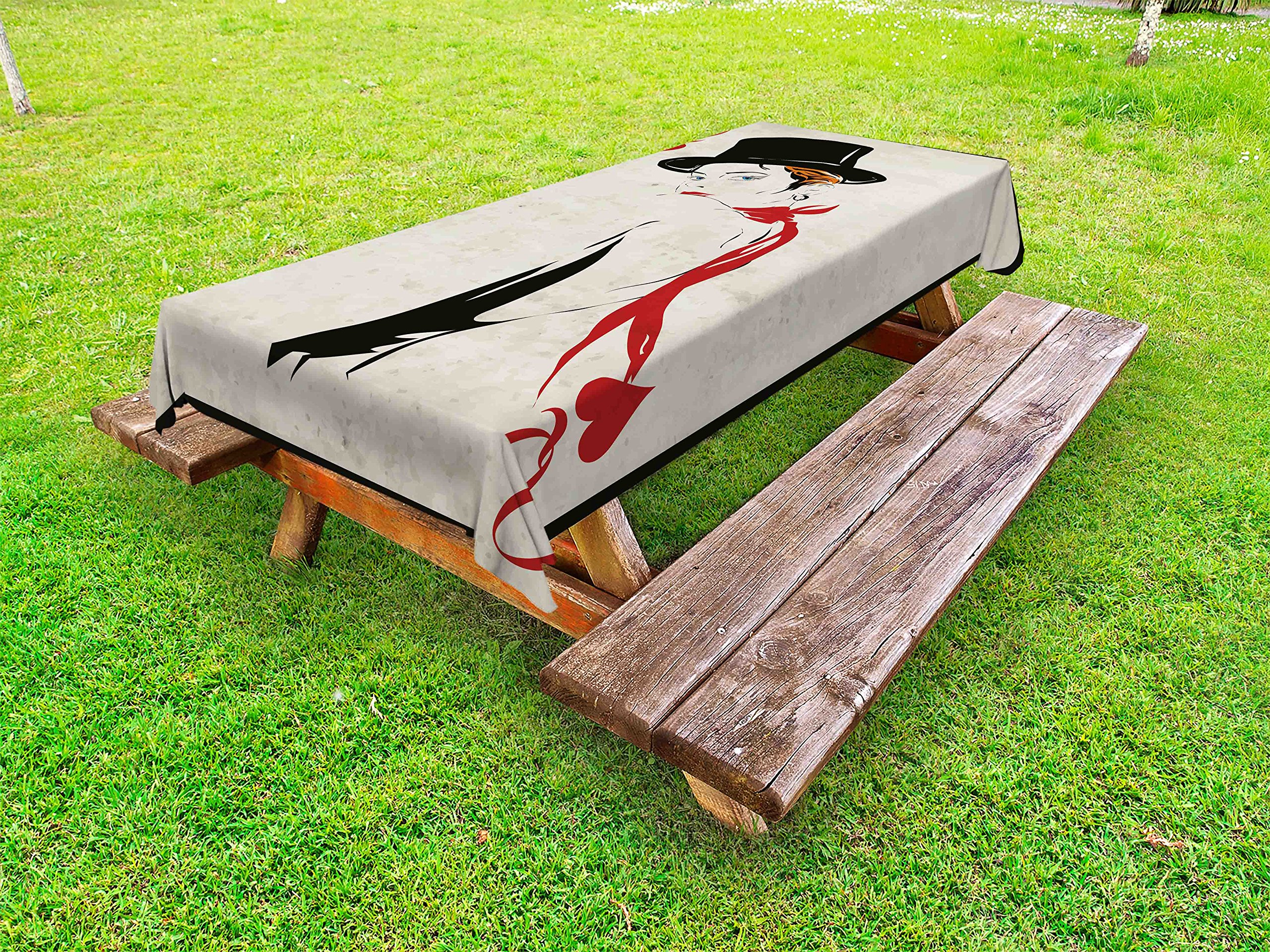 Ambesonne Queen Size Outdoor Tablecloth - Retro Vintage Playing Card Design with Elegant Lady & Hat - Washable Picnic Table Cover 58x120 Inches - Perfect for Casino Themed Parties, Garden Gatherings & BBQ Events (Vermilion Beige)