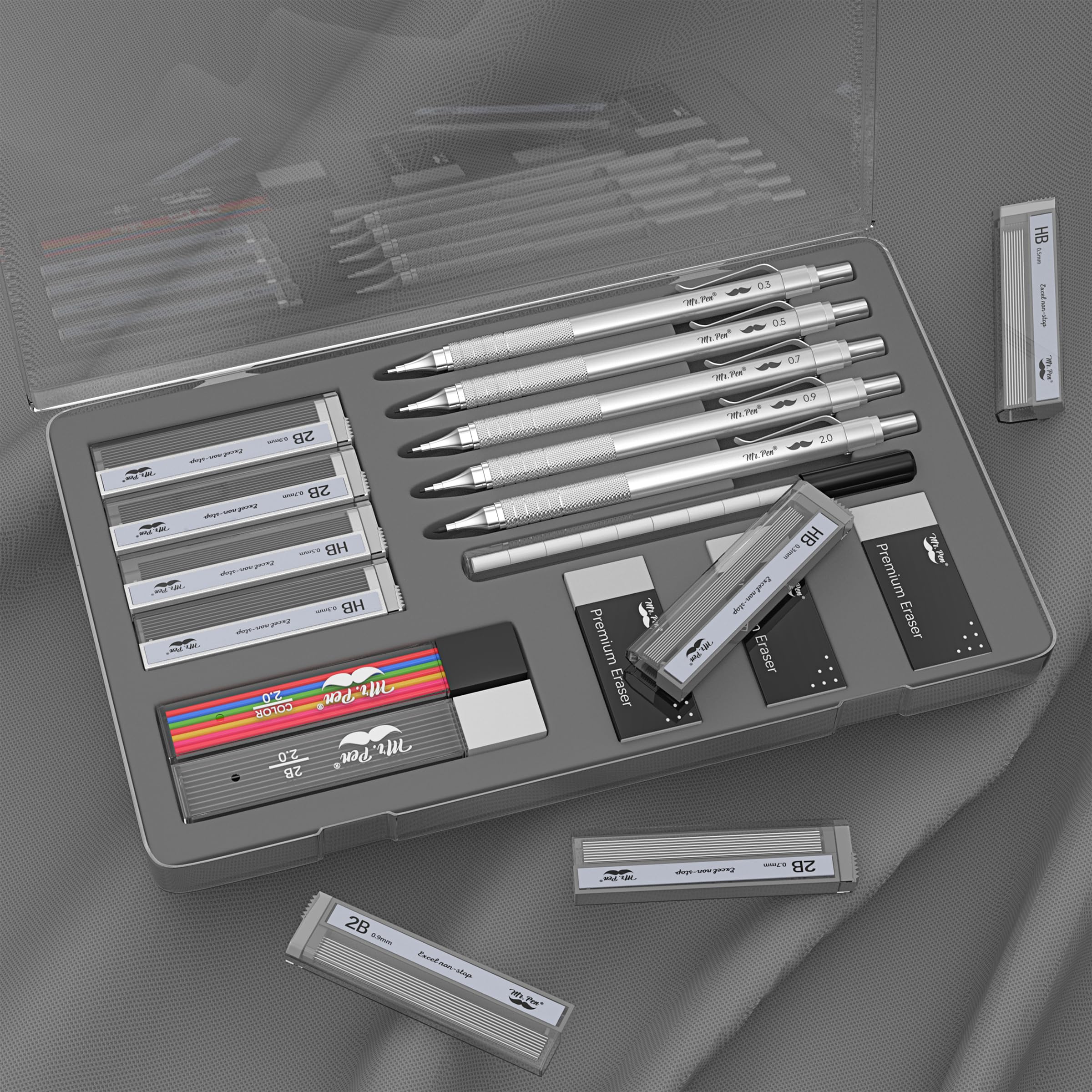 Mr. Pen Metal Mechanical Pencil Set - 5 Sizes (0.3mm, 0.5mm, 0.7mm, 0.9mm, 2mm) for Sketching, Drafting & Writing | Professional Drawing Pencils for Artists, Engineers & Students | Durable Metal Construction for Precision Work