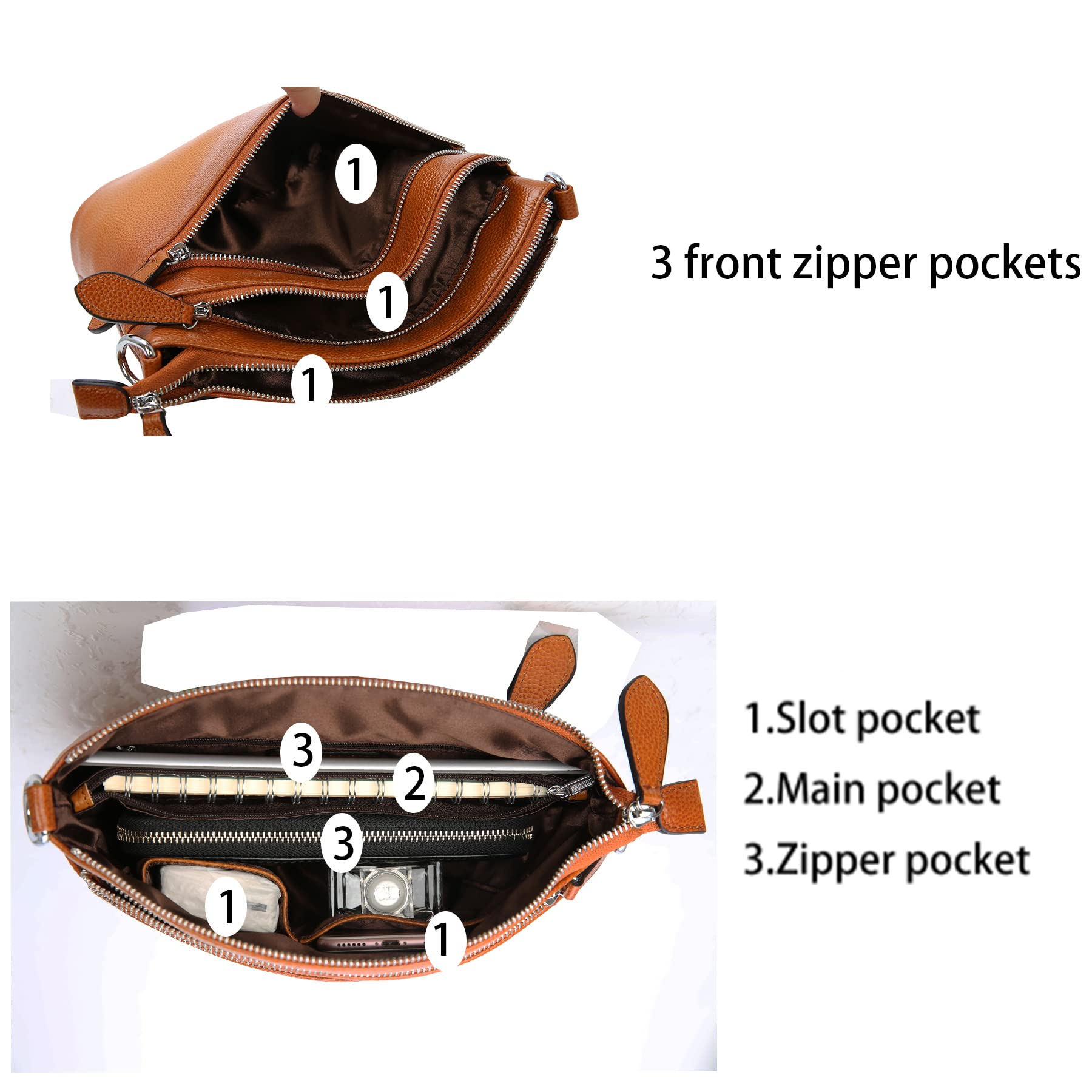 HESHE Women's Leather Crossbody Bag - Small Functional Multi-Pocket Shoulder Satchel Purse for Everyday Use, Travel & Shopping