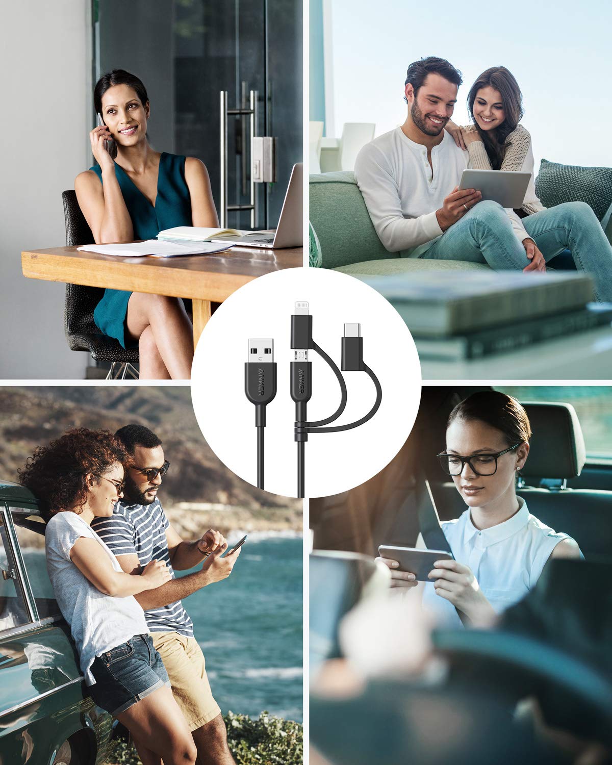 Anker Powerline II 3-in-1 Charging Cable - Lightning, USB-C & Micro USB Compatible with iPhone, iPad, Samsung Galaxy, Huawei, LG, Sony Xperia & Android Devices (3ft, Black) - Perfect for Home, Office & Travel Charging