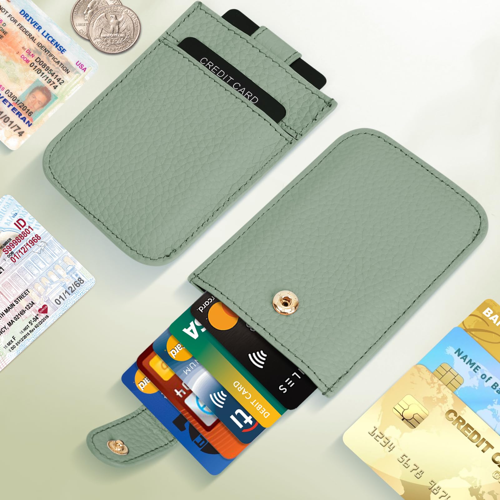 Unaone Slim Minimalist RFID Blocking Wallet - Soft Leather Front Pocket Card Holder for Men & Women | Pull-Out Card Organizer with 12 Card Slots | Perfect for Travel, Work & Everyday Use (Green)