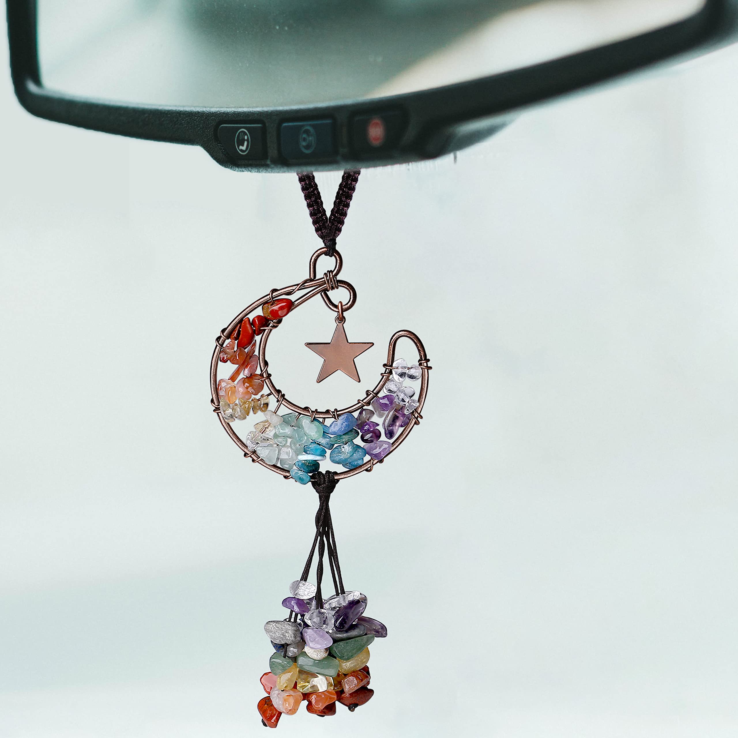 Chakra Crystal Car Rear View Mirror Hanging Ornament - Moon Shape Boho Hippie Style Car Accessories for Women & Men | Spiritual Decor, Meditation & Positive Energy in Vehicle