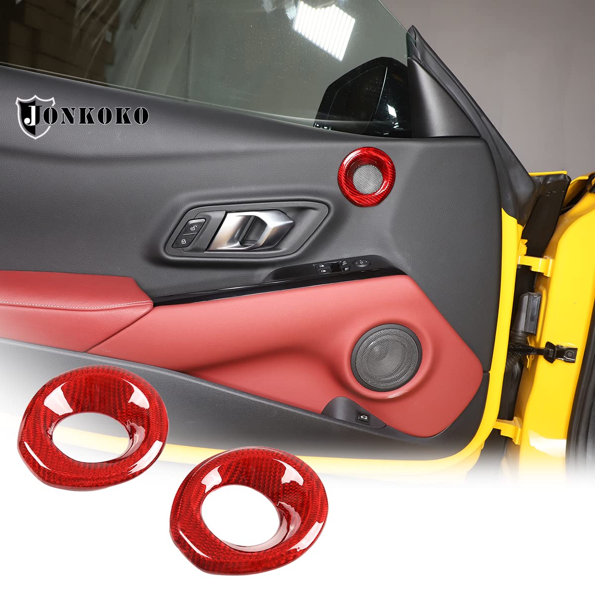 YIWANG 100% Real Carbon Fiber Interior & Exterior Accessories for Toyota Supra GR A90 A91 MK5 2019-2022 - Door Speaker Ring Cover Trim (Red) | Premium Car Styling Upgrade for Sporty Look & Enhanced Protection