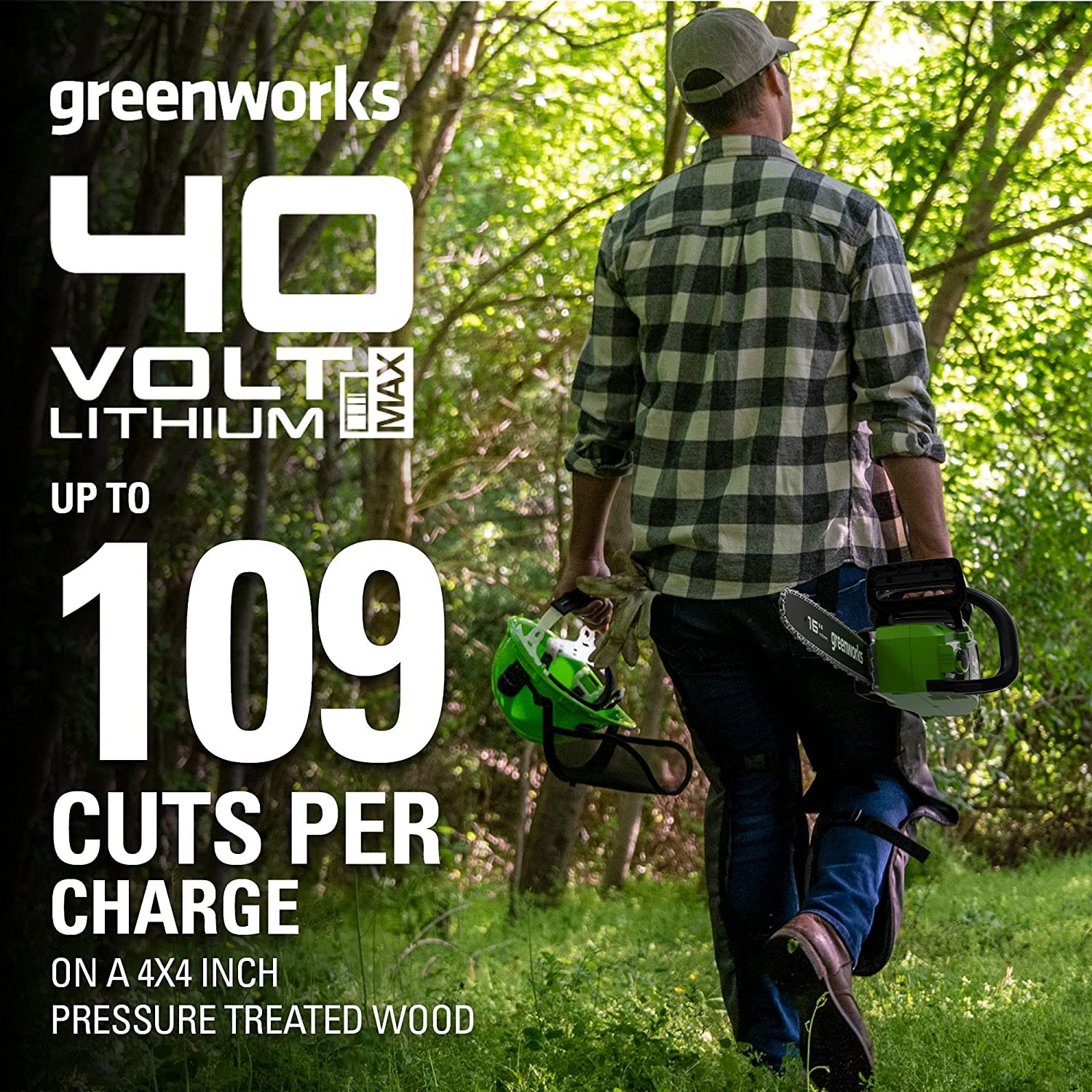 Greenworks 40V 16-Inch Cordless Chainsaw with 4Ah USB Battery (Power Bank) & Fast Charger - Lightweight Electric Chainsaw for Tree Trimming, Firewood Cutting, and Yard Maintenance