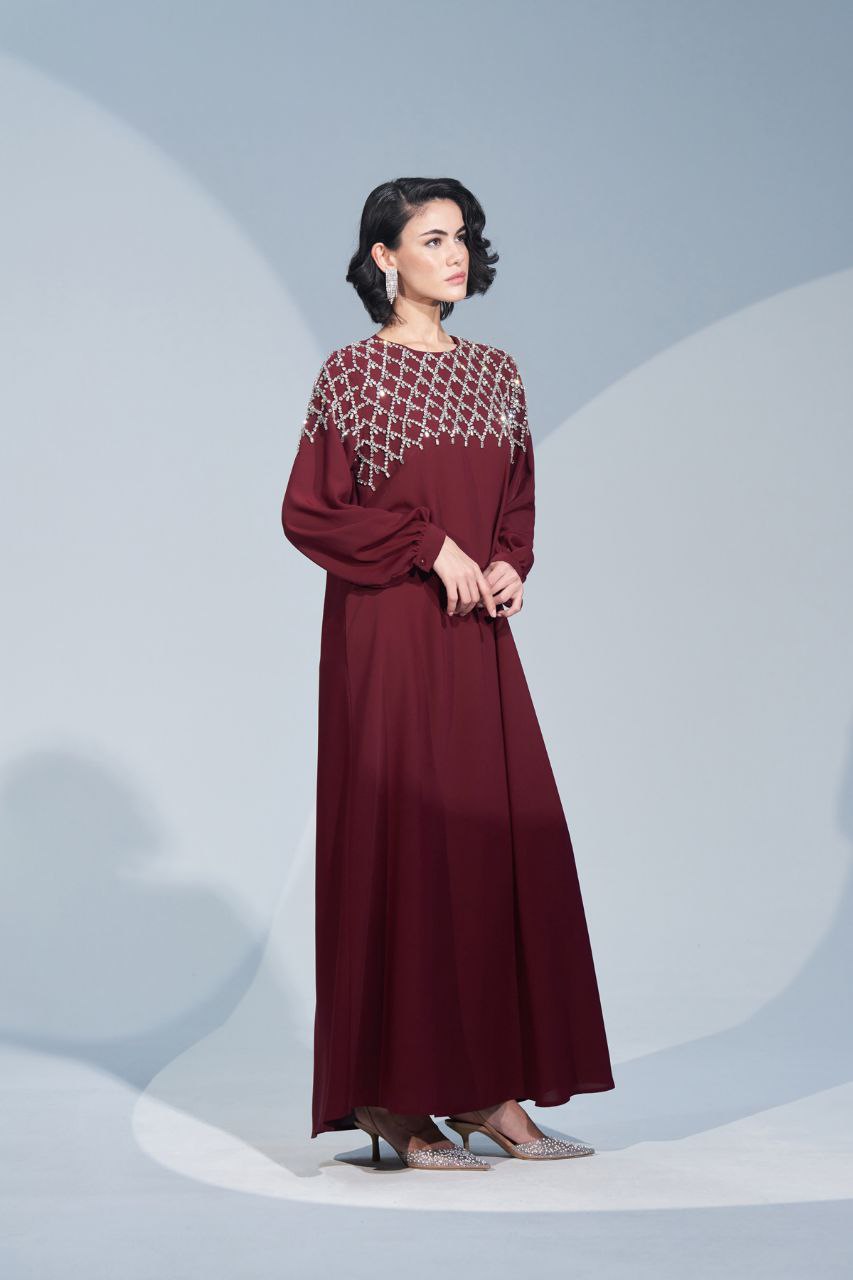 Elegant Rhinestone Embellished Abaya Dress for Women - Available in 3 Colors (Black, Navy, Burgundy) | Perfect for Eid, Weddings & Special Occasions