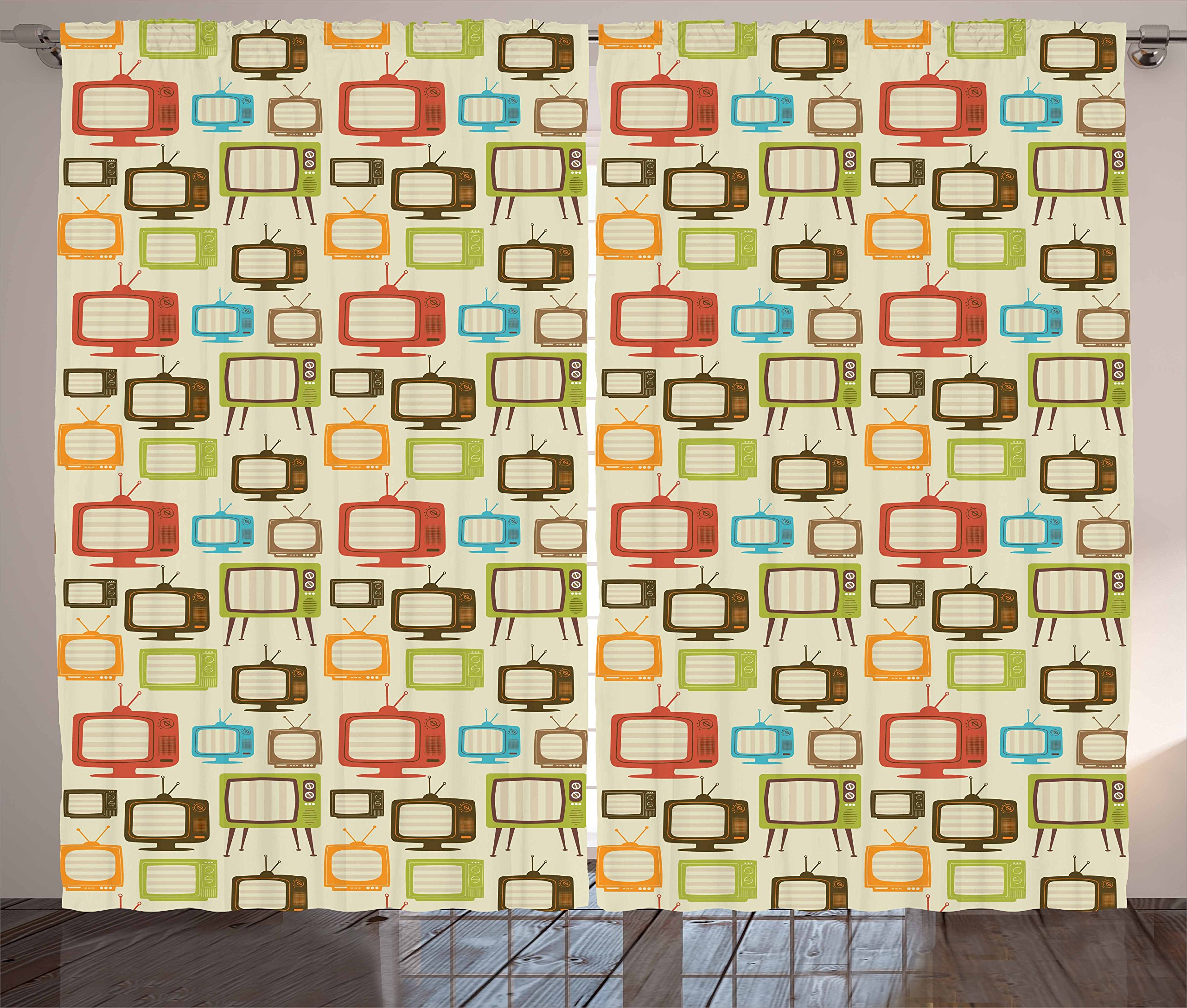 Ambesonne Vintage Retro TV Pattern Curtains - Old Television Antenna Electronics Nostalgic Design, 2 Panel Set 108