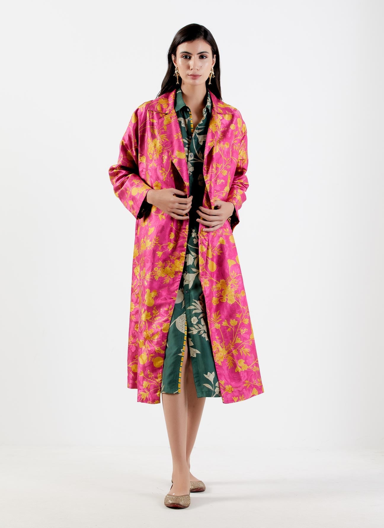 Luxury Long Silk Damask Coat for Women - Elegant Rani Style Outerwear for Formal Events & Evening Occasions